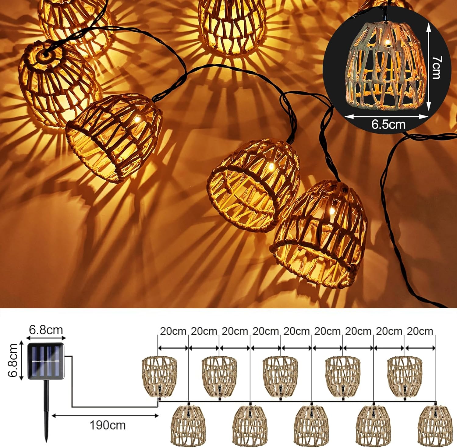 Luci solari a catena, luci solari da fata, 10 sfere solari a LED in rattan, luci da esterno a catena. - 2