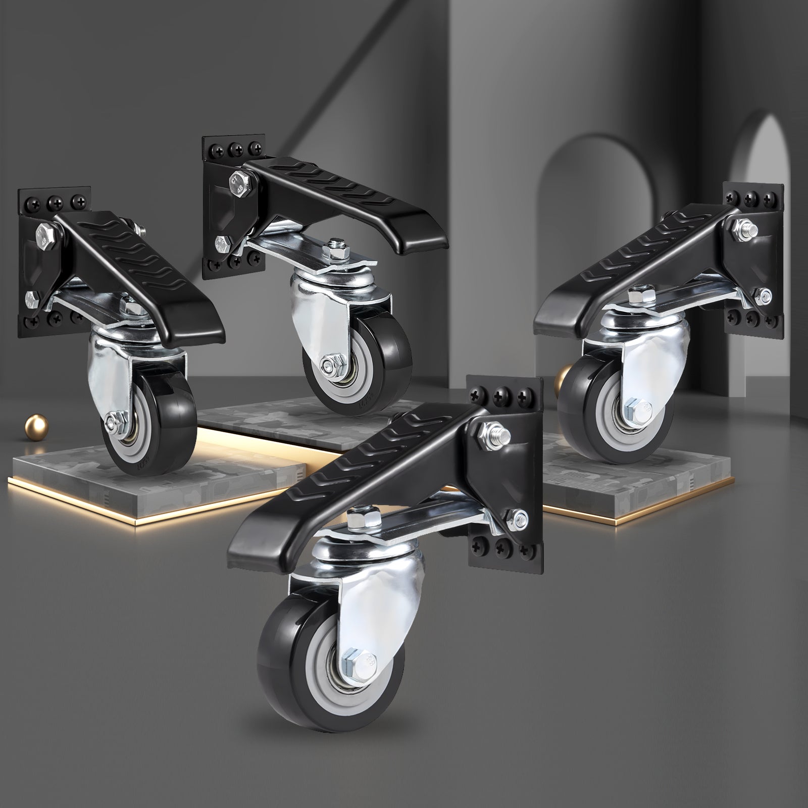 Roulettes d'Établi Lot VEVOR 4 Roulettes Pivotantes Industrielles 63,5 mm Capacité Charge 74,8 kg Roues Rétractables Latérales Ajustables 360° Frein - 8