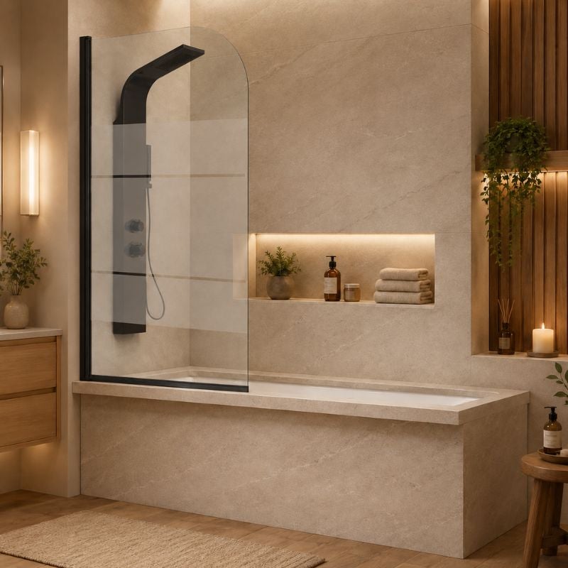 Pare-baignoire avec porte battante RITA noir mat avec verre décoré ...