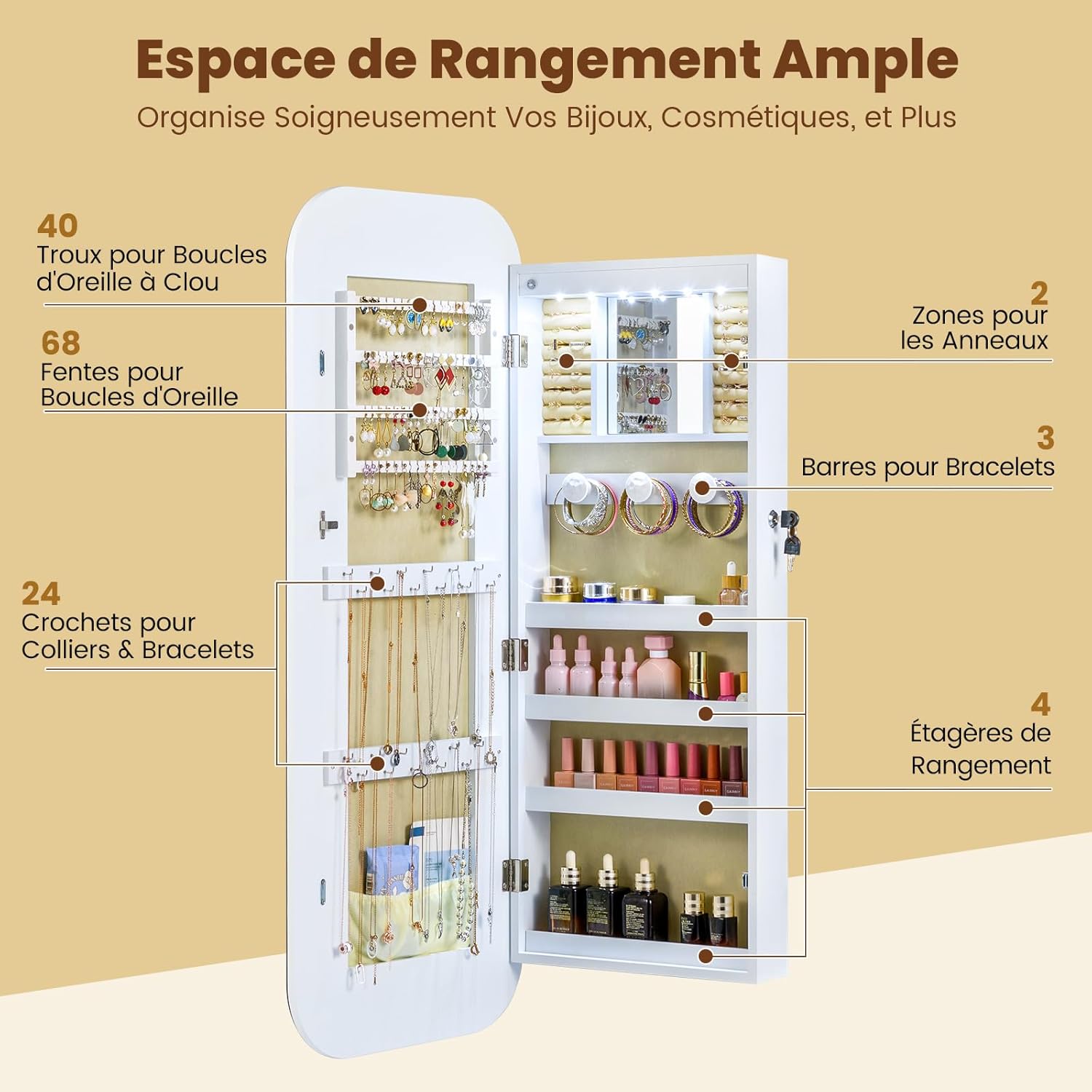 Armoire a Bijoux Suspendue avec Miroir Large & 6 Lumières LED, Porte Bijoux Mural d'Angle Rond avec Étagères & Verrouillable, 42x10x107,5 CM - 4