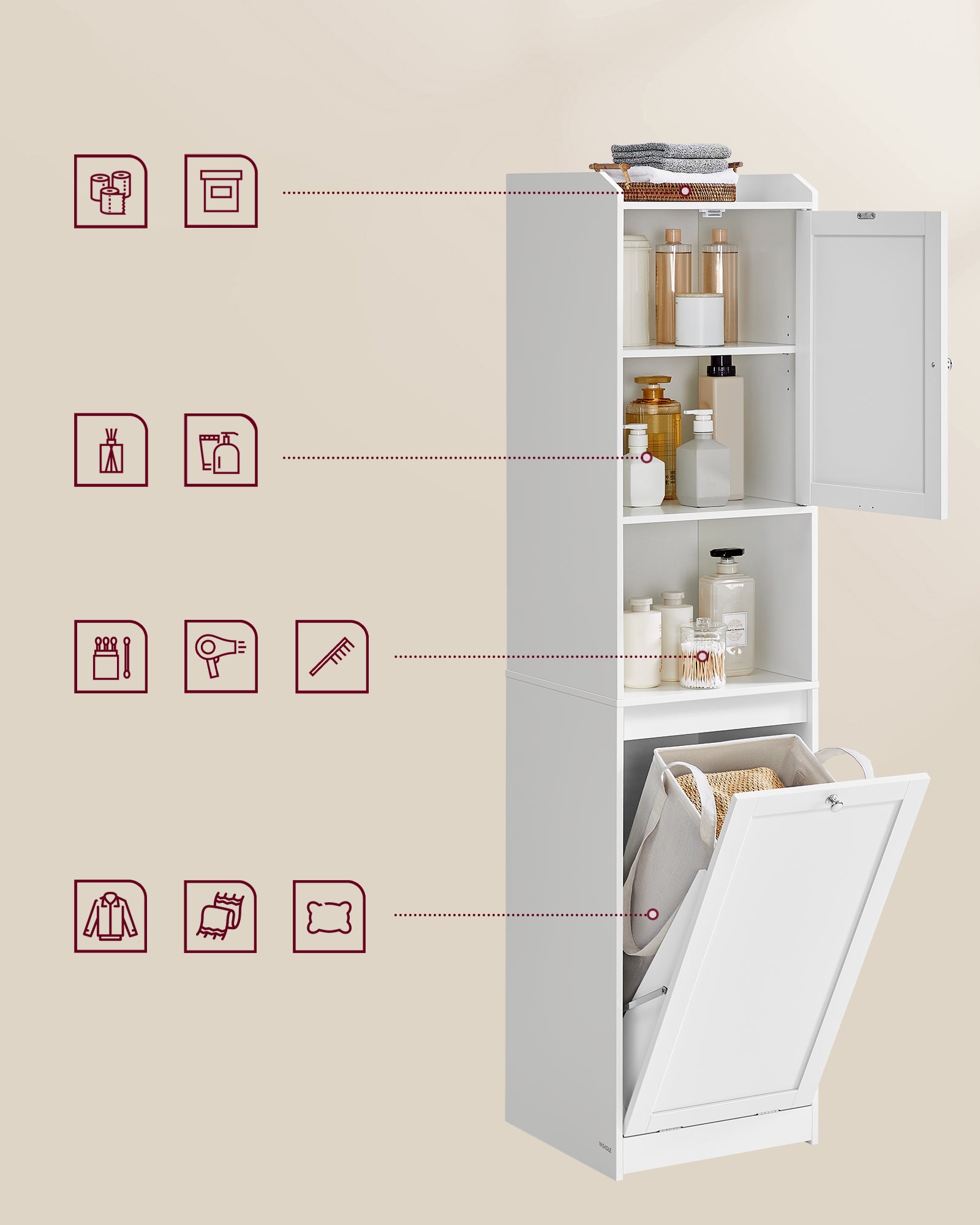 Meuble de Salle de Bain, Panier à Linge, 1 Tiroir, Blanc Nuage - 3