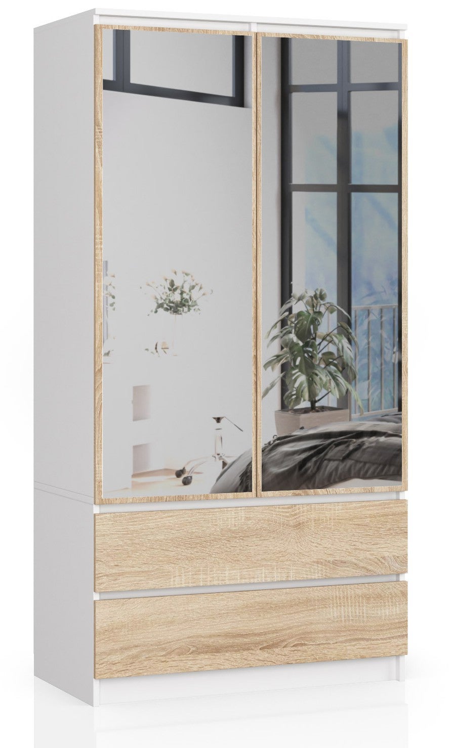 Szafa AKORD S90 Biała 90 cm z lustrem 2 drzwi 2 szuflady kolor Dąb Sonoma mat 4 półki 90x51x180 cm