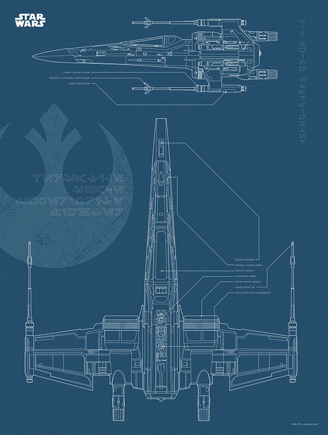 Póster decorativo star wars blueprint x-wing azul oscuro - 30 x 40 cm - sanders & sanders