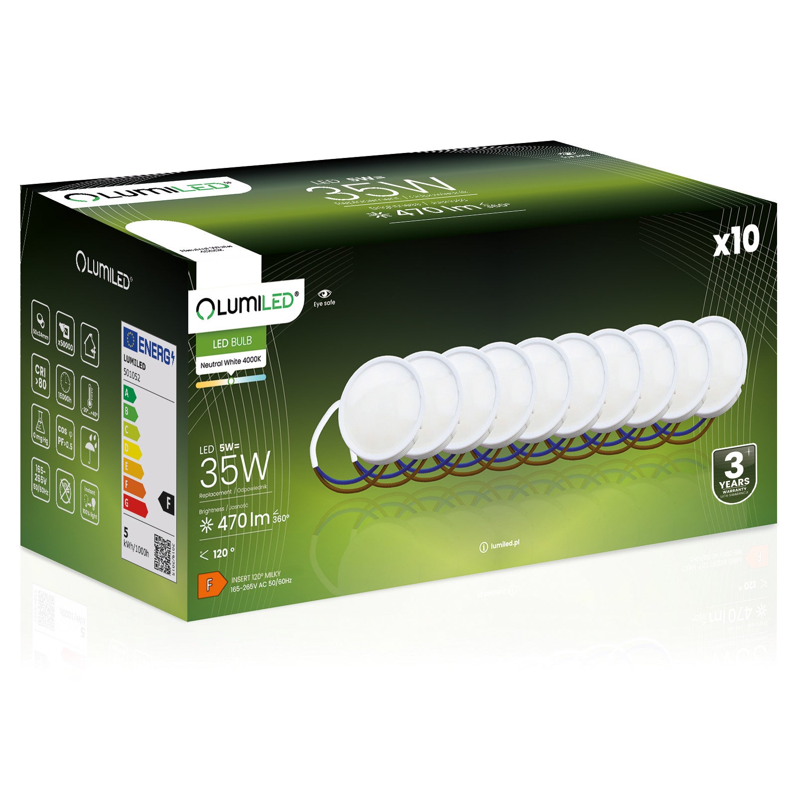 10x Wkład do Opraw LED Żarówka Lumiled Moduł Insert Reflektor 5W = 40W 470lm 4000K Neutralna 120st