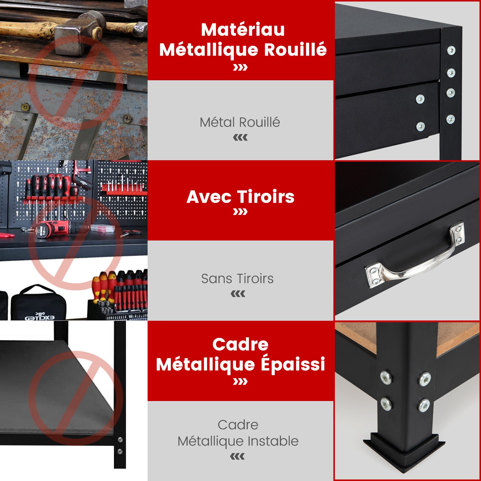 Bancada de trabalho para oficina de garagem com prateleiras e gavetas Painéis perfurados, mesa de trabalho de estrutura metálica com 25 suport - 5