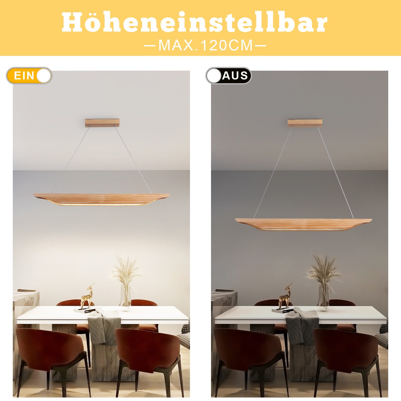 Suspension LED NETTLIFE en bois - Lampe de table à manger au design moderne 90 cm Intensité variable Avec télécommande - 7