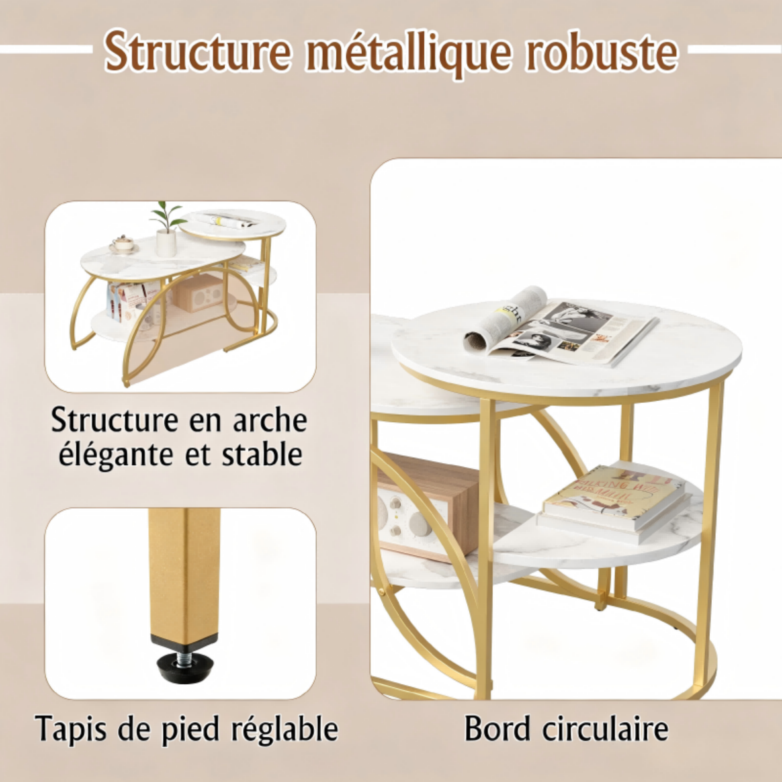 Meuble Table Basse,Table d'appoint, table de canapé 80 x 46 x 51,Table Marbre, Bout de Canapé, Blanc + doré, pour salon, chambre à coucher - 7
