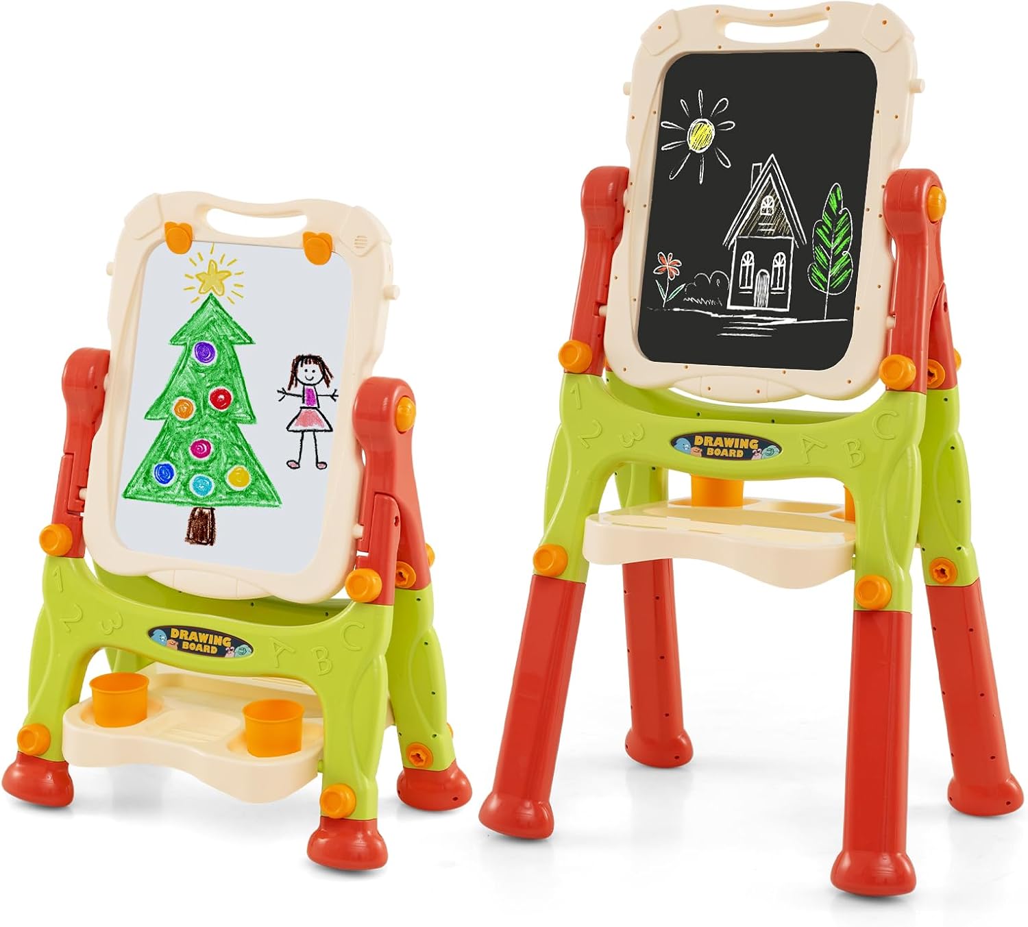 DREAMADE Tableau pour Enfants Multifonctionnel avec Double Faces Noir et Blanc, 2 Étagères de Rangement, Rouleau de Papier, Naturel DREAMADE Tableau pour Enfants Multifonctionnel avec Double Faces Noir et Blanc, 2 Étagères de Rangement, Rouleau de Papier, Naturel