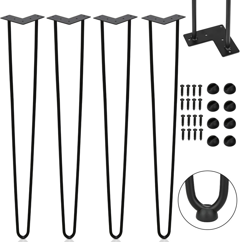 4 szt. nóg stołowych 61 cm, metalowe nogi w kształcie spinki do włosów, 2 stojaki na nogi meblowe do stołu i krzeseł DIY - wzór przemysłowy - czarny