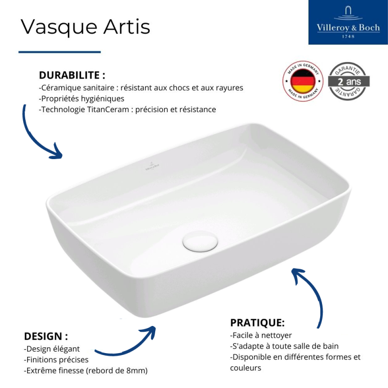 Vasque rectangle à poser VILLEROY ET BOCH Artis Blanc - 2