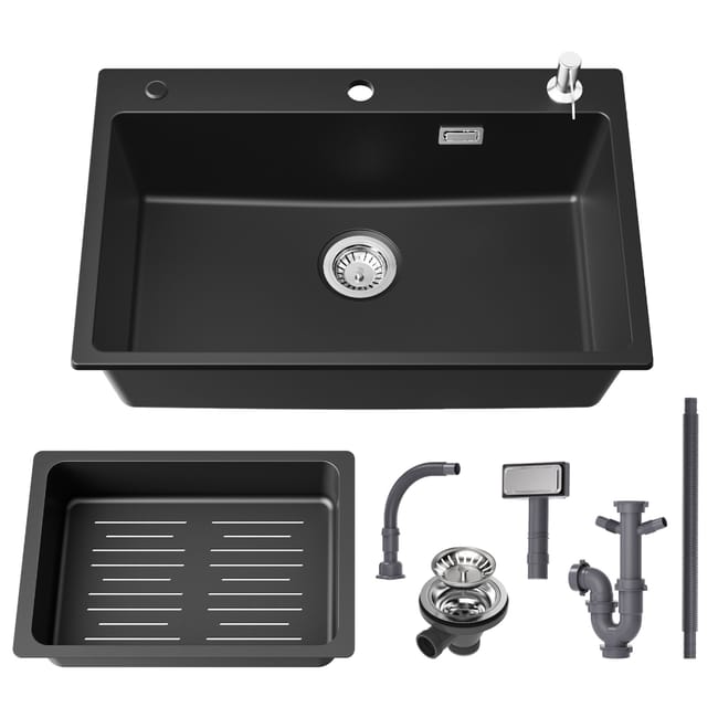 Lavello Cecipa Max 1 Vasca 70×44CM Nero Lavello Da Incasso Con Gocciolatoio E Vasca Miscelatore Cucina Spring Con 3 Modalita Di Uscita Acqua Nero - Foto 7