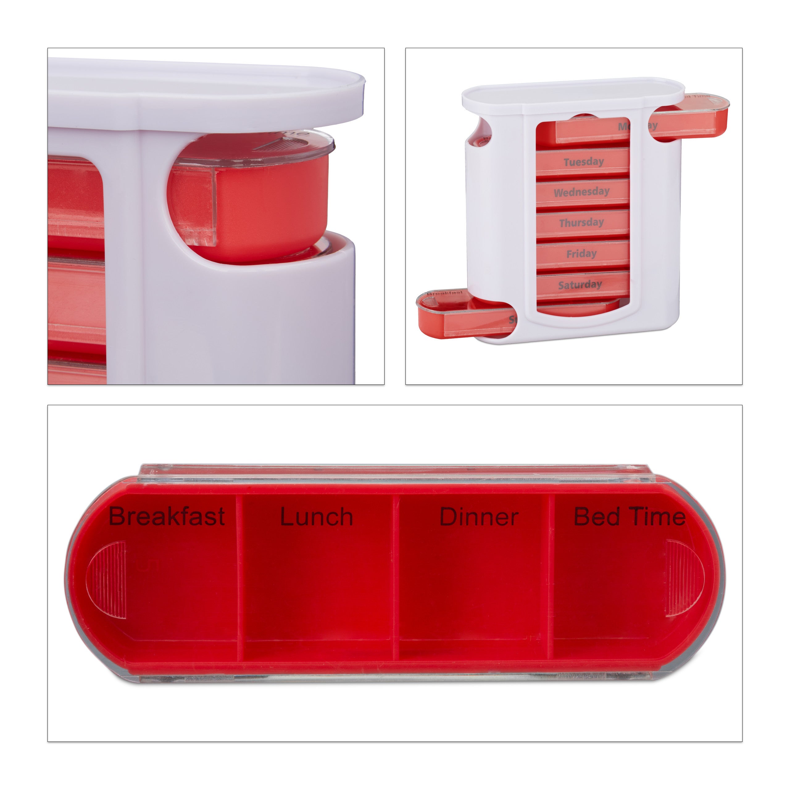 Portapillole 7 Giorni, Porta Pastiglie Settimanale, 4 Scomparti, Inglese, Coperchio Scorrevole, Bianco Rosso, Relaxdays - 8