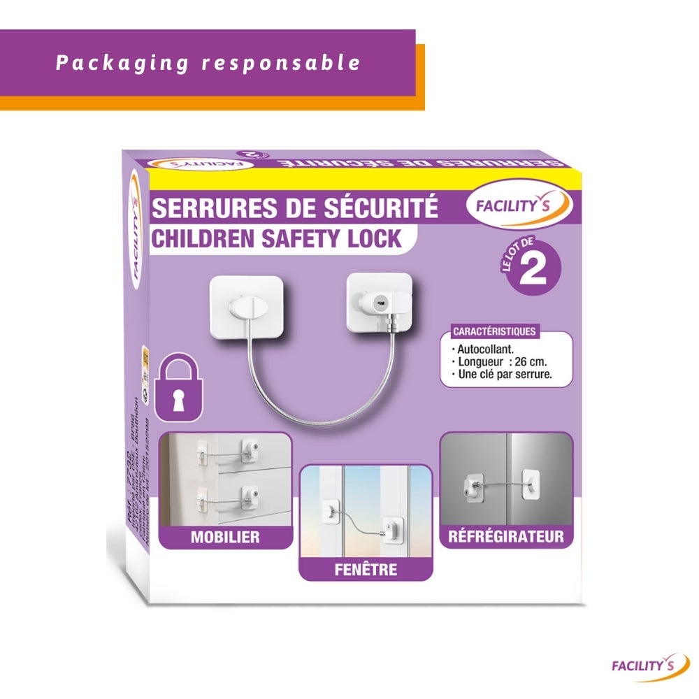 Verrou de sécurité pour enfant - Lot de 2 serrures autocollantes blanches avec clé - Protection portes et tiroirs - 7