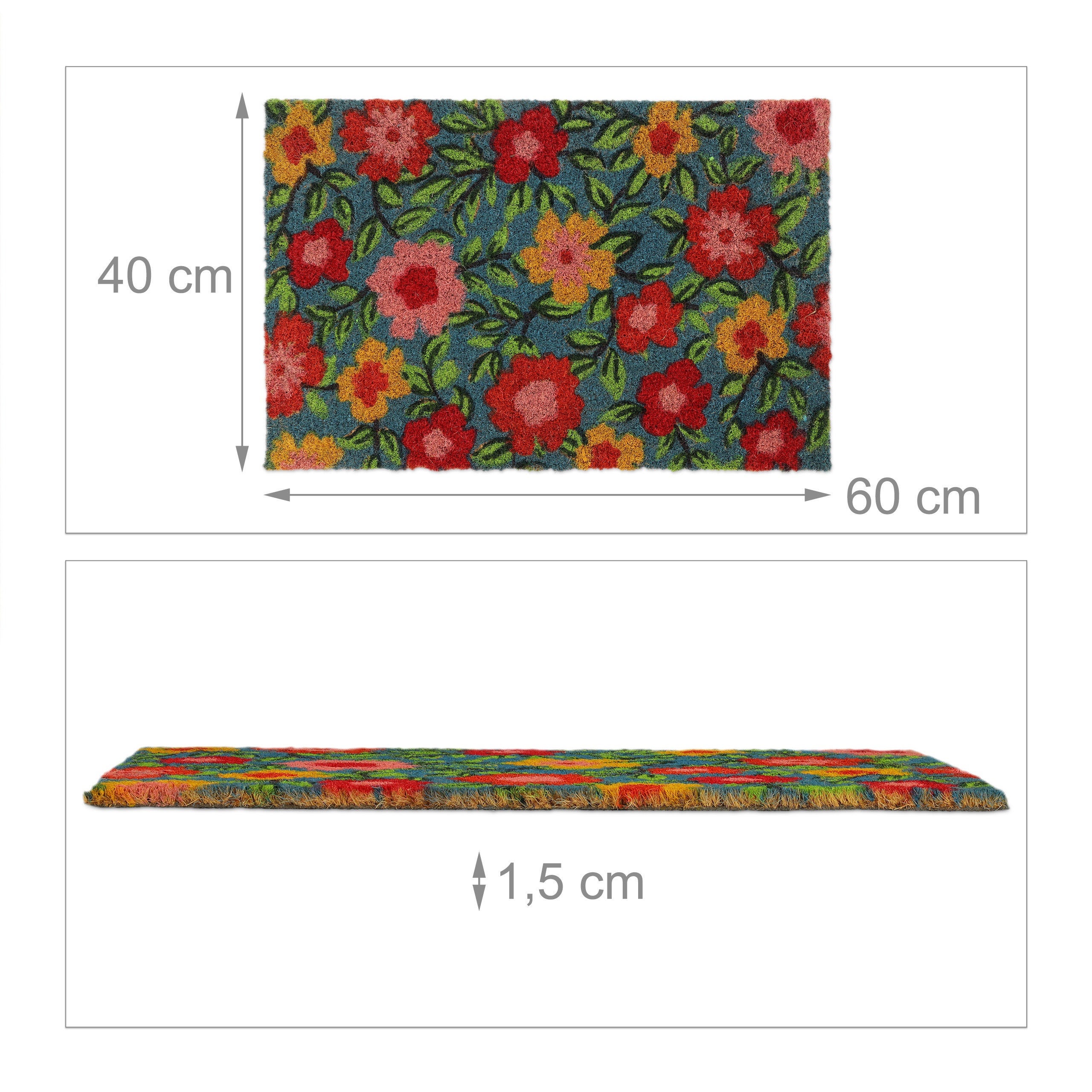 Paillasson coco, tapis d’entrée motif fleurs, 40x60 cm, antidérapant, résistant, intérieur, extérieur, coloré, Relaxdays - 4