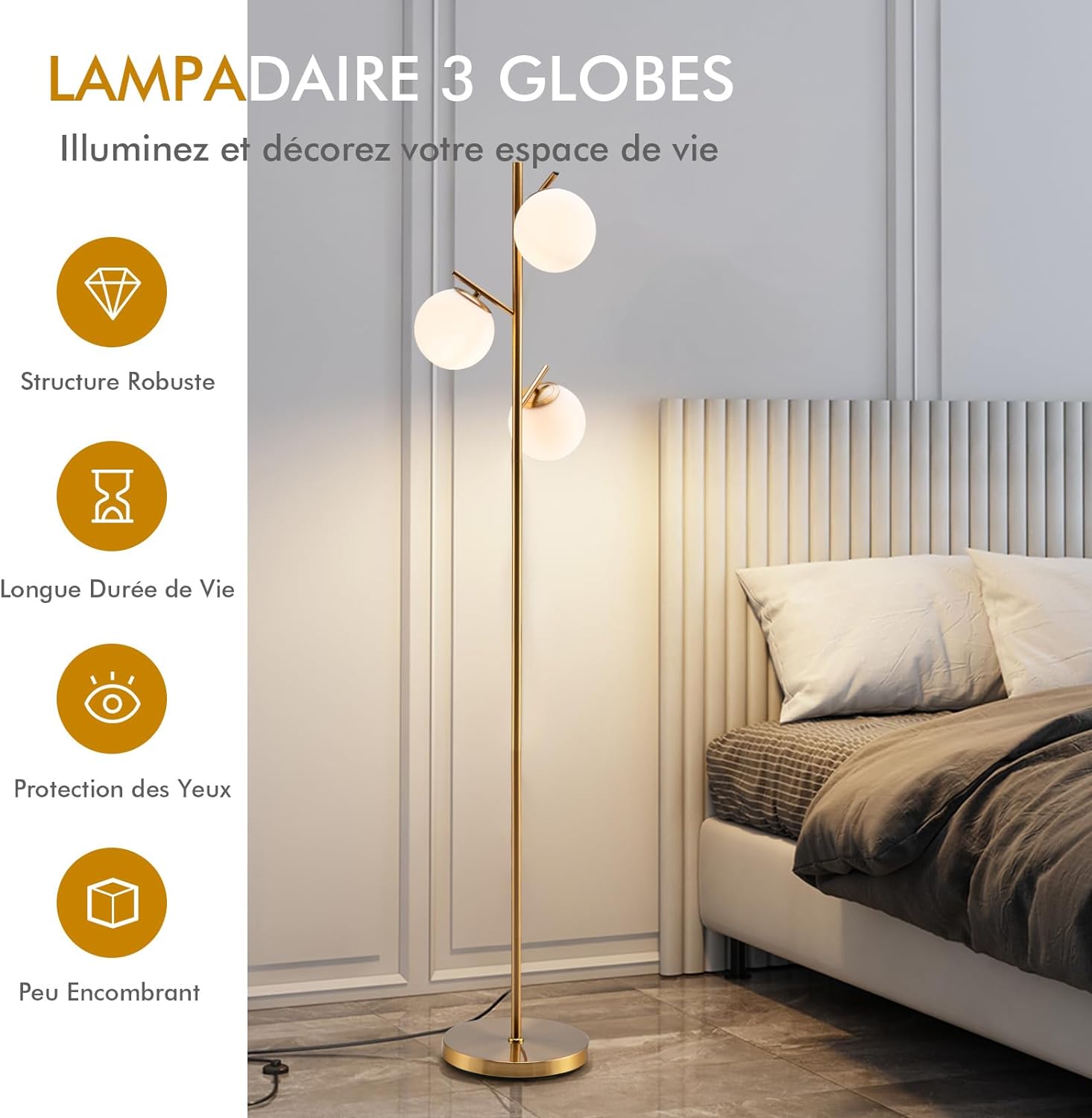 Lampada da Terra a 3 Globi, Lampada a Stelo Moderna con Comodo Interruttore a Pedale, 3 Basi per Lampadine e Robusto Palo in Metallo, Ideale p - 2