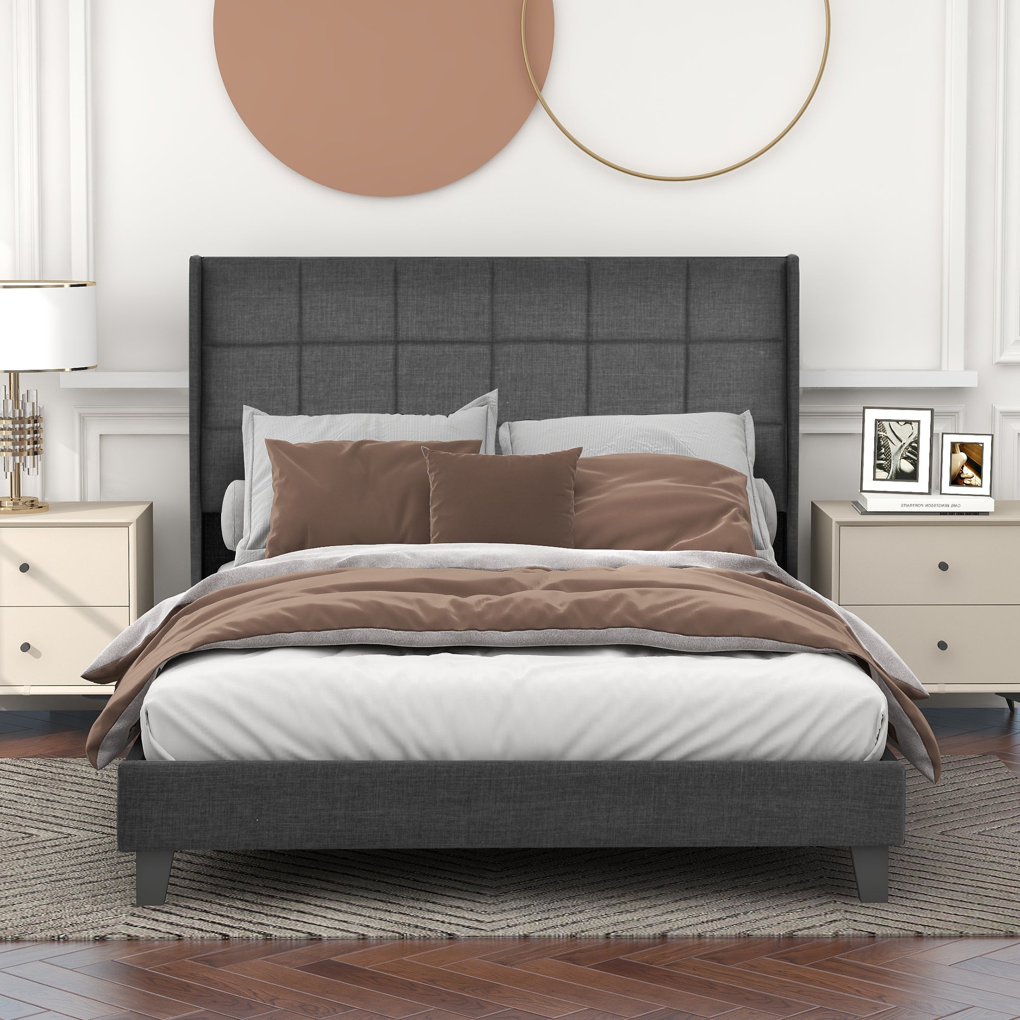 Cama de adulto tapizada con cabecero - 140 x 200 cm - tela de lino - gris - 6