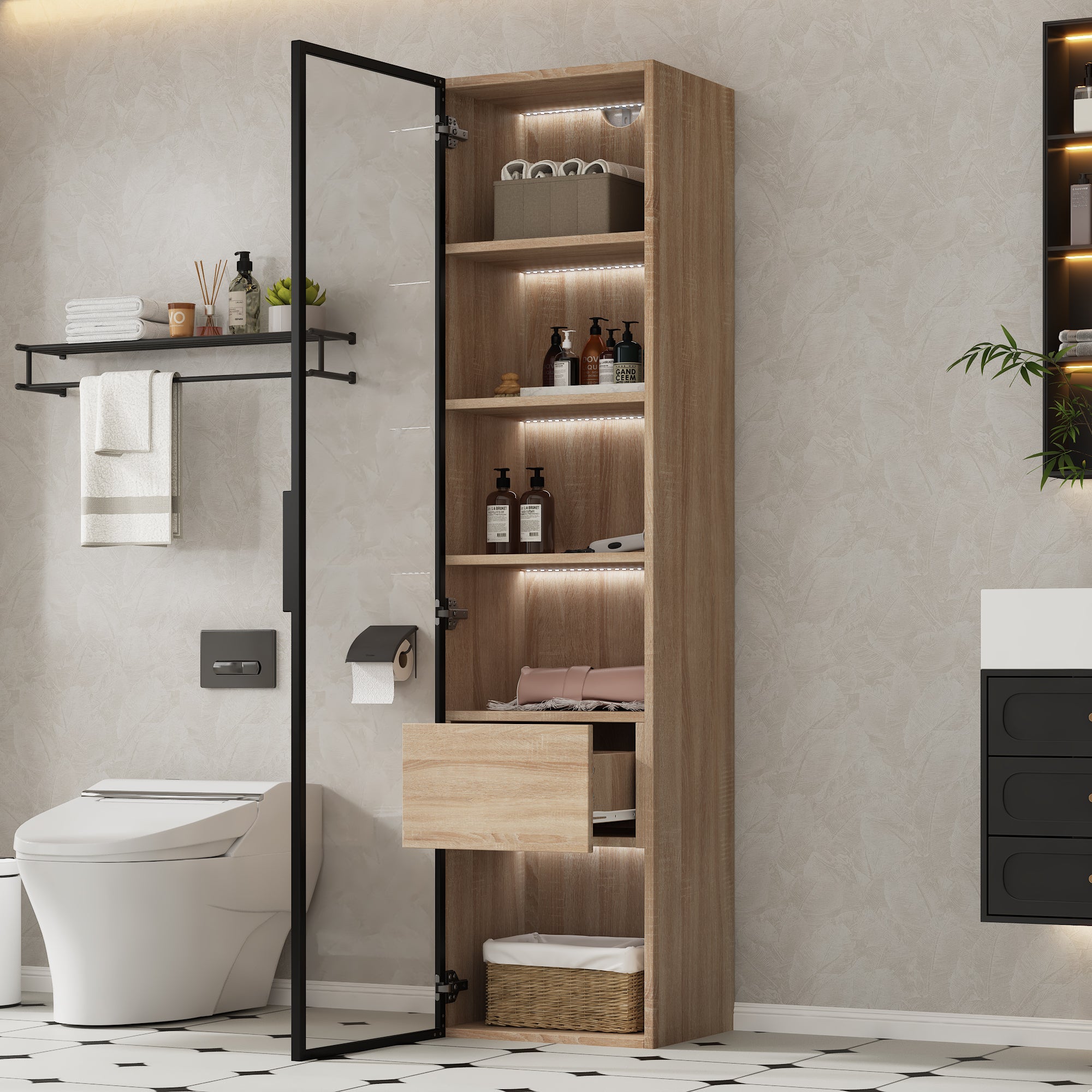 Vetrina, credenza alta con 1 anta in vetro e 1 cassetto interno - 40 X 34,5 X 165 cm - Legno MDF - Naturale - 6