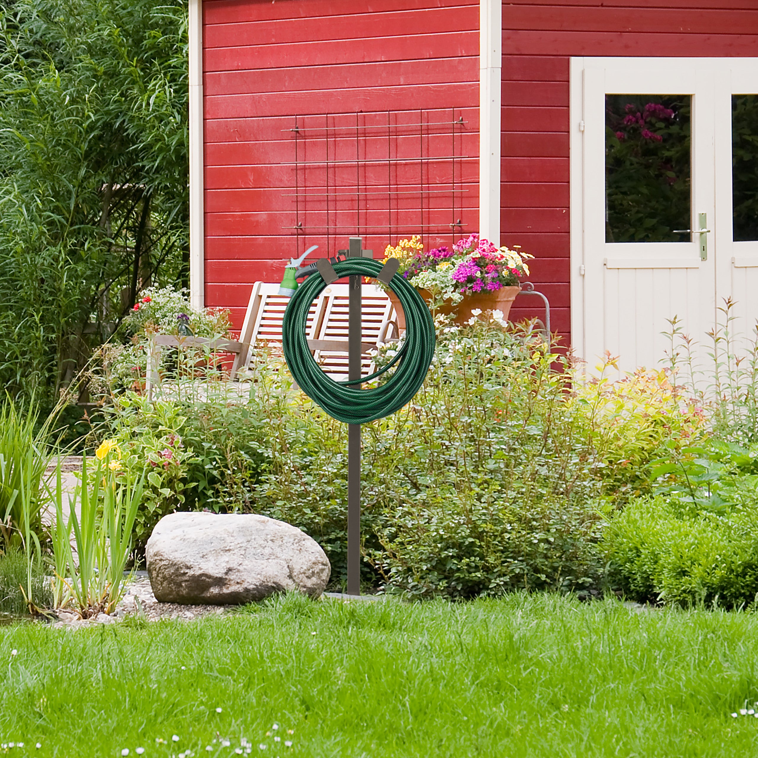 Support tuyau d’arrosage, autonome, enrouleur debout, acier, solide, dérouleur droit, HLP 108x26x18cm, brun, Relaxdays - 5