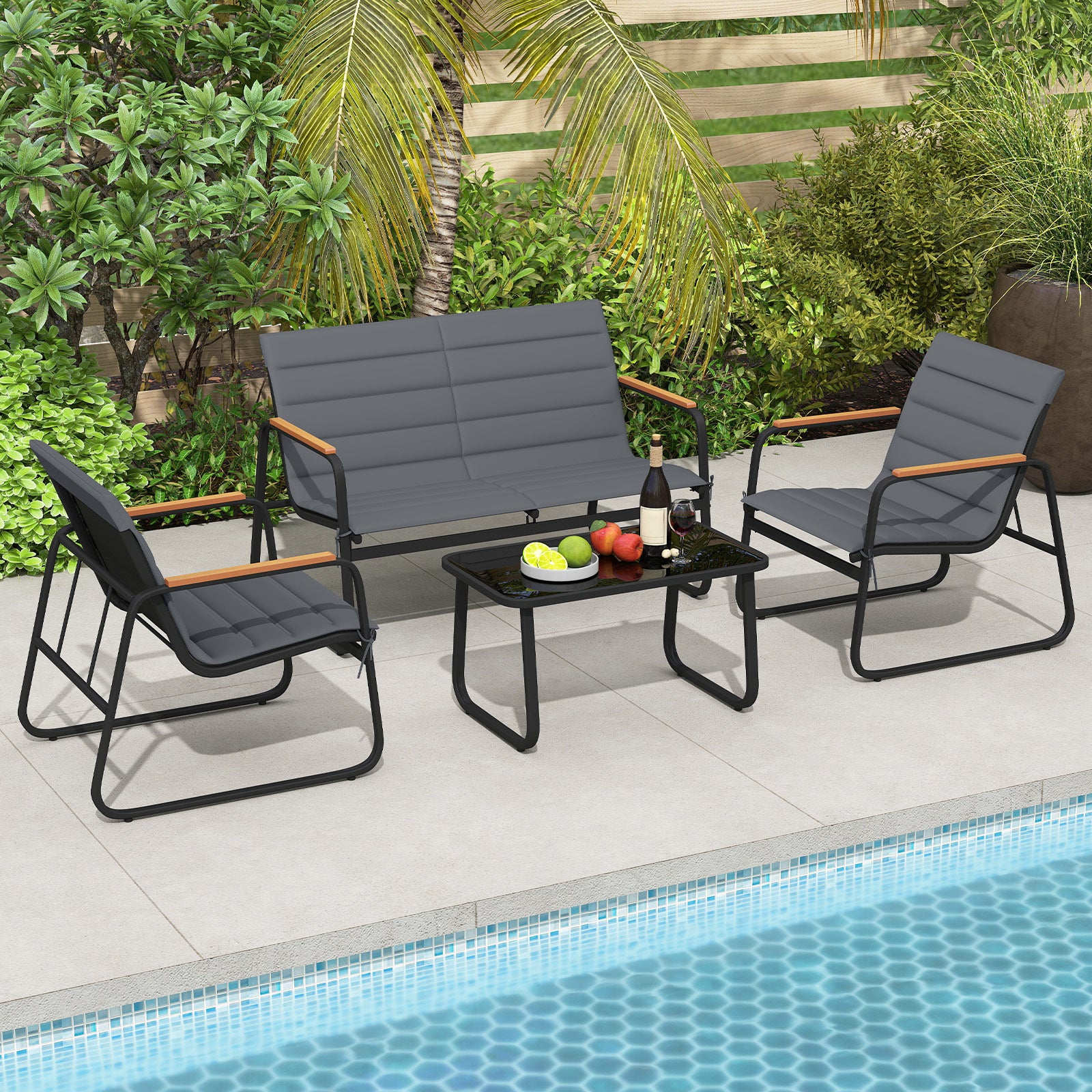Conjunto de lounge para jardim exterior para 4 pessoas com almofadas amovíveis, conjunto de 4 peças com sofá de jardim, cadeiras e 1 mesa - 8
