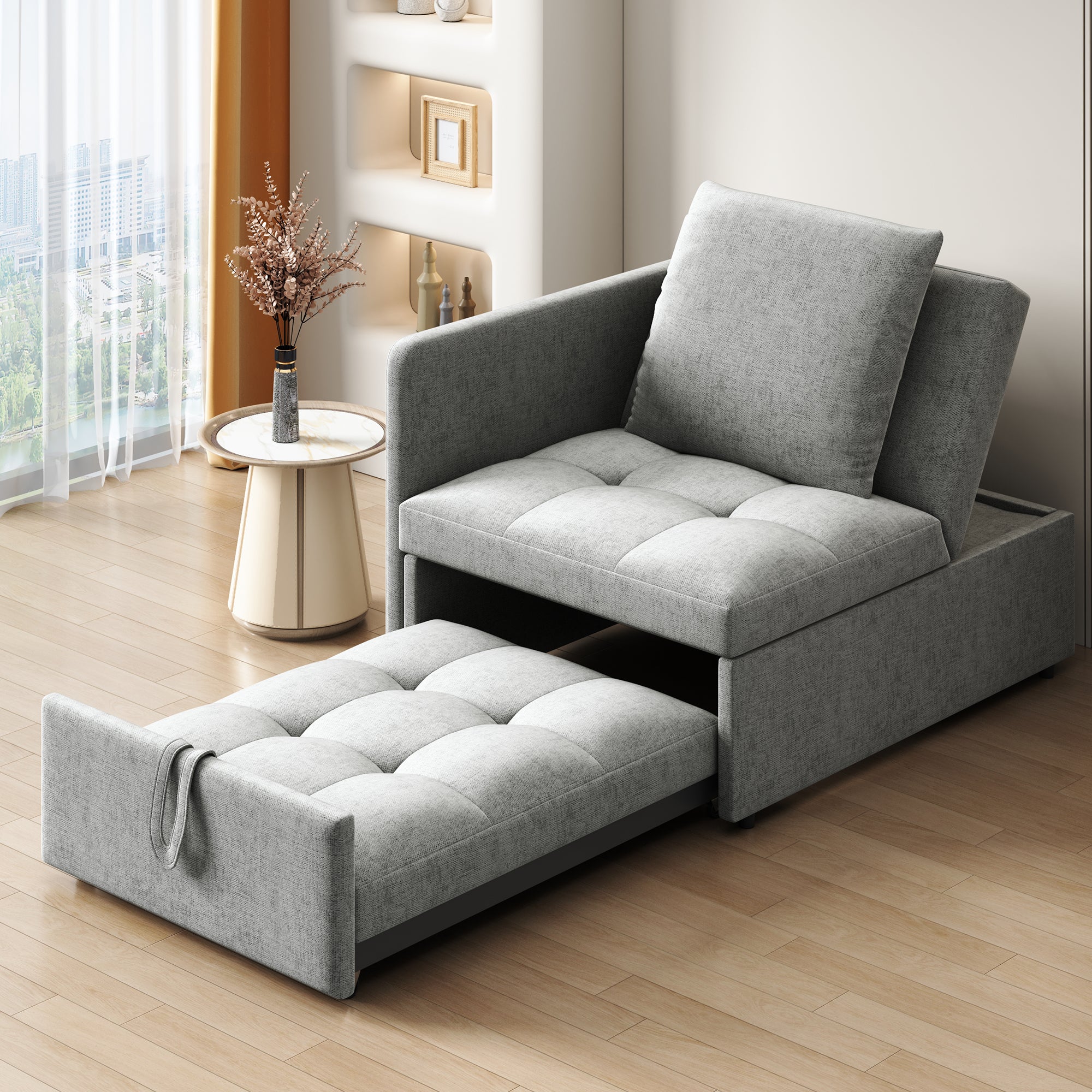 Rozkładana sofa 1-osobowa, 3 w 1, tapicerowana sofa z funkcją spania – 97/177 x 65 x 65 cm – tkanina lniana – regulowane oparcie – szara - 4