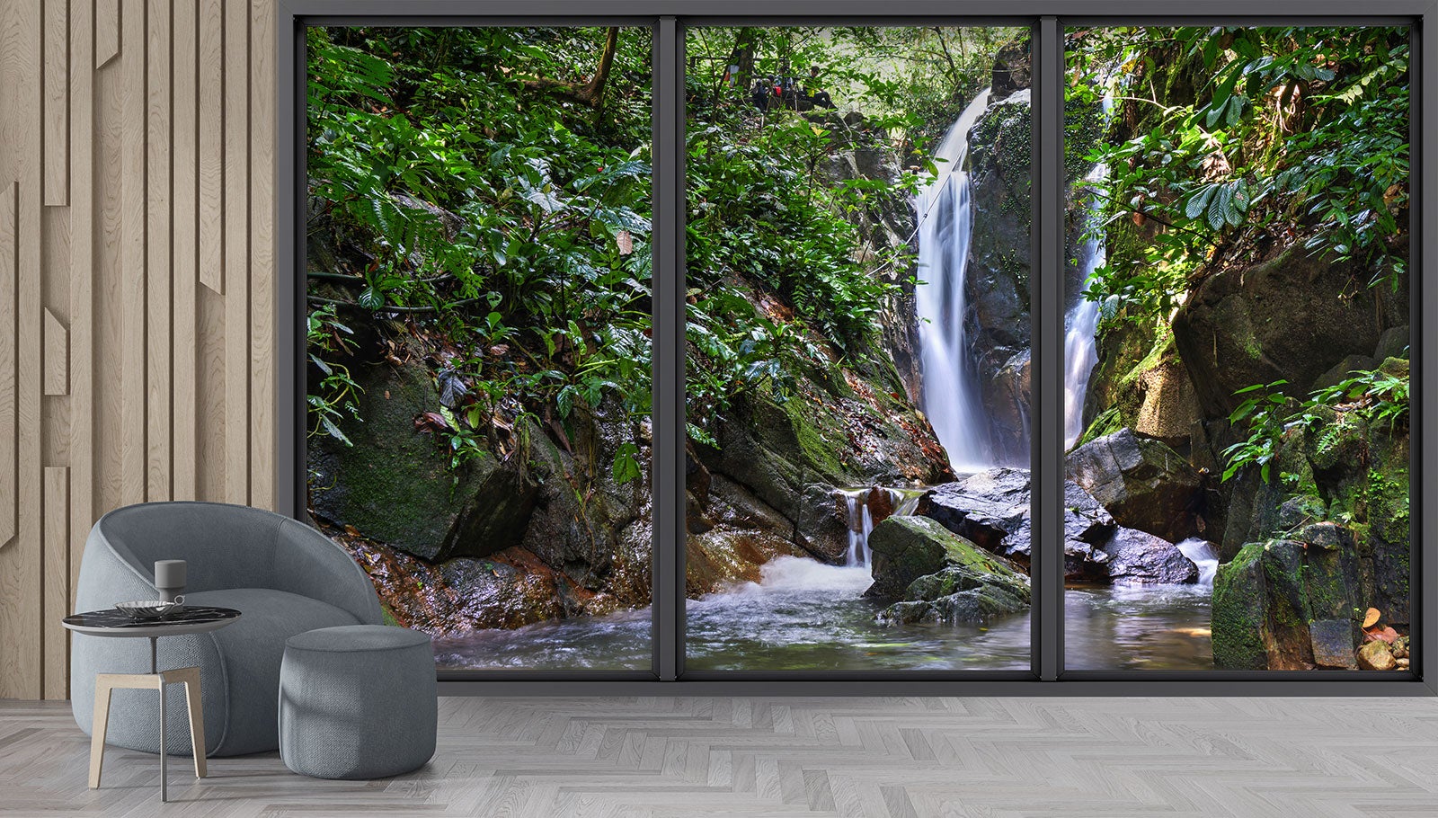 Papier peint panoramique Trompe l'oeil baie vitrée - Cascades - Largeur 325 cm x Hauteur 195 cm - 4