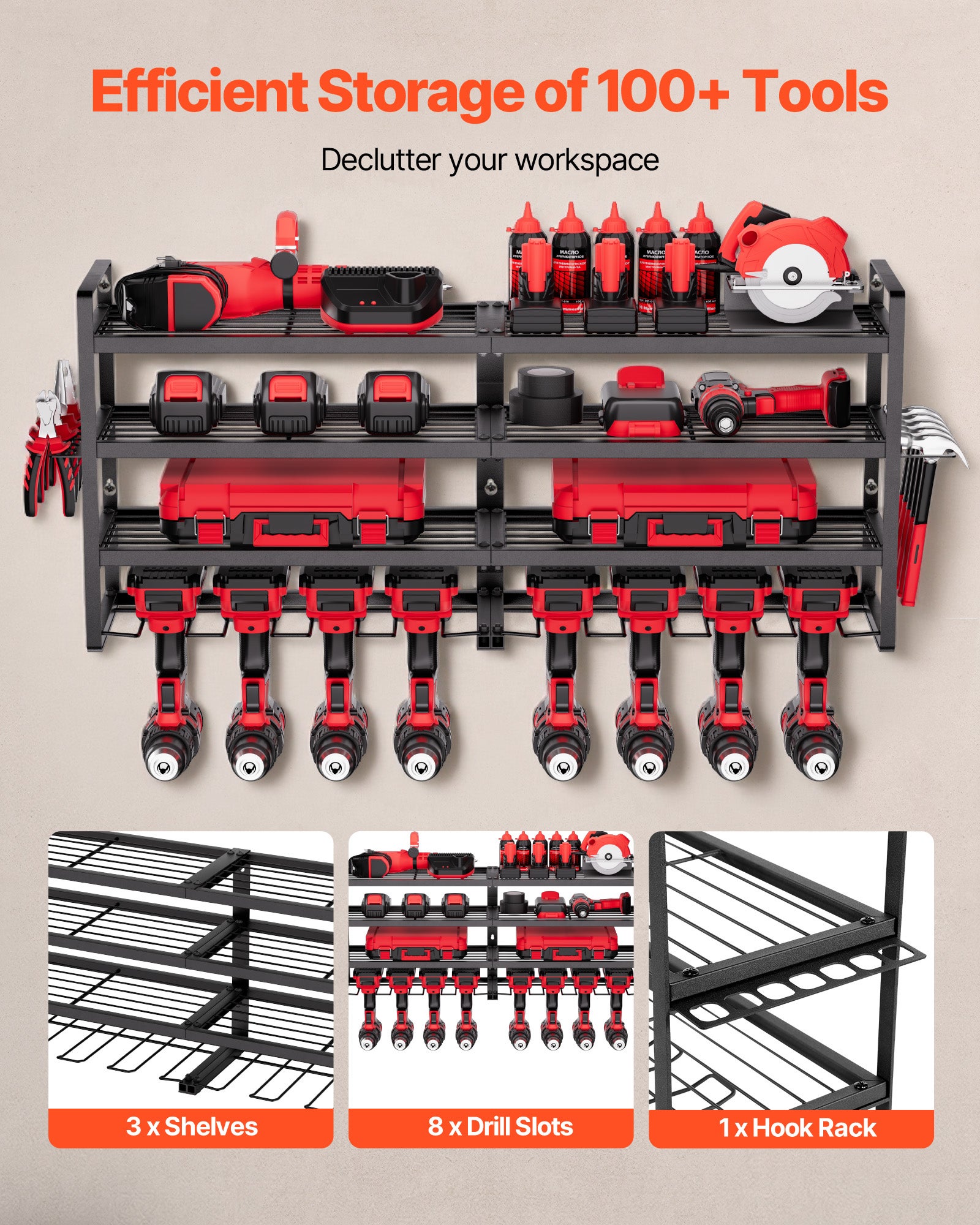 Organiseur mural VEVOR pour outils électriques, support rangement à 4 niveaux avec 8 emplacements, support tournevis, pour garage, établi et atelier - 4