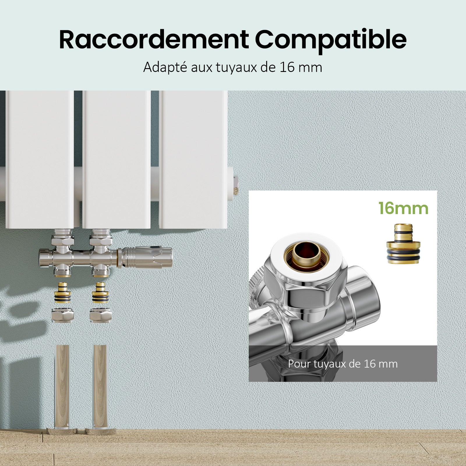 Juego de válvula termostática para radiador de baño – Conjunto en color Cromado – Apto para tuberías de 15 mm y 16 mm - 3