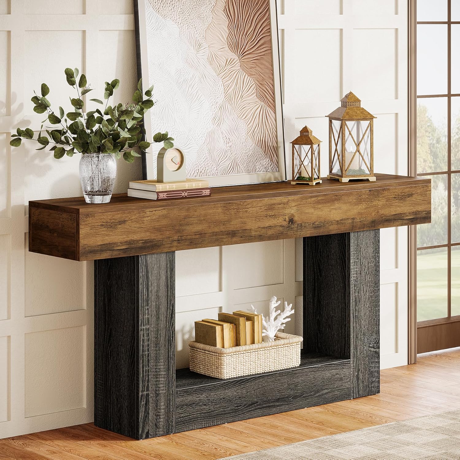 Tribesigns Console , 160*30*80cm, table d'entrée à 2 niveaux, table de canapé avec rangement, table basse en bois pour salon et couloir - 4