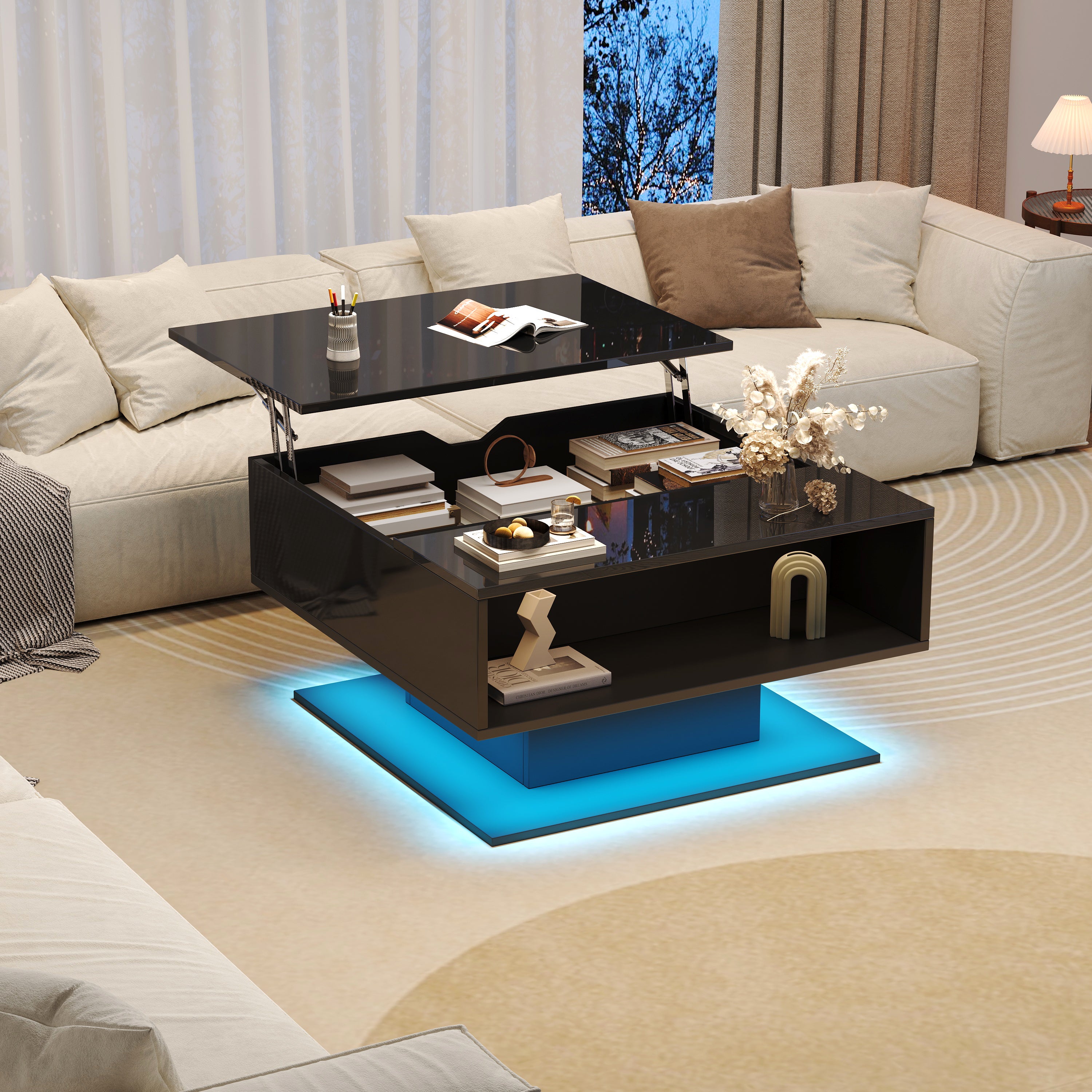 Stolik kawowy z podnoszonym blatem i 1 otwartą przegrodą - 80 x 77 x 40 cm - Diody LED - Płyta wiórowa - Czarny połysk