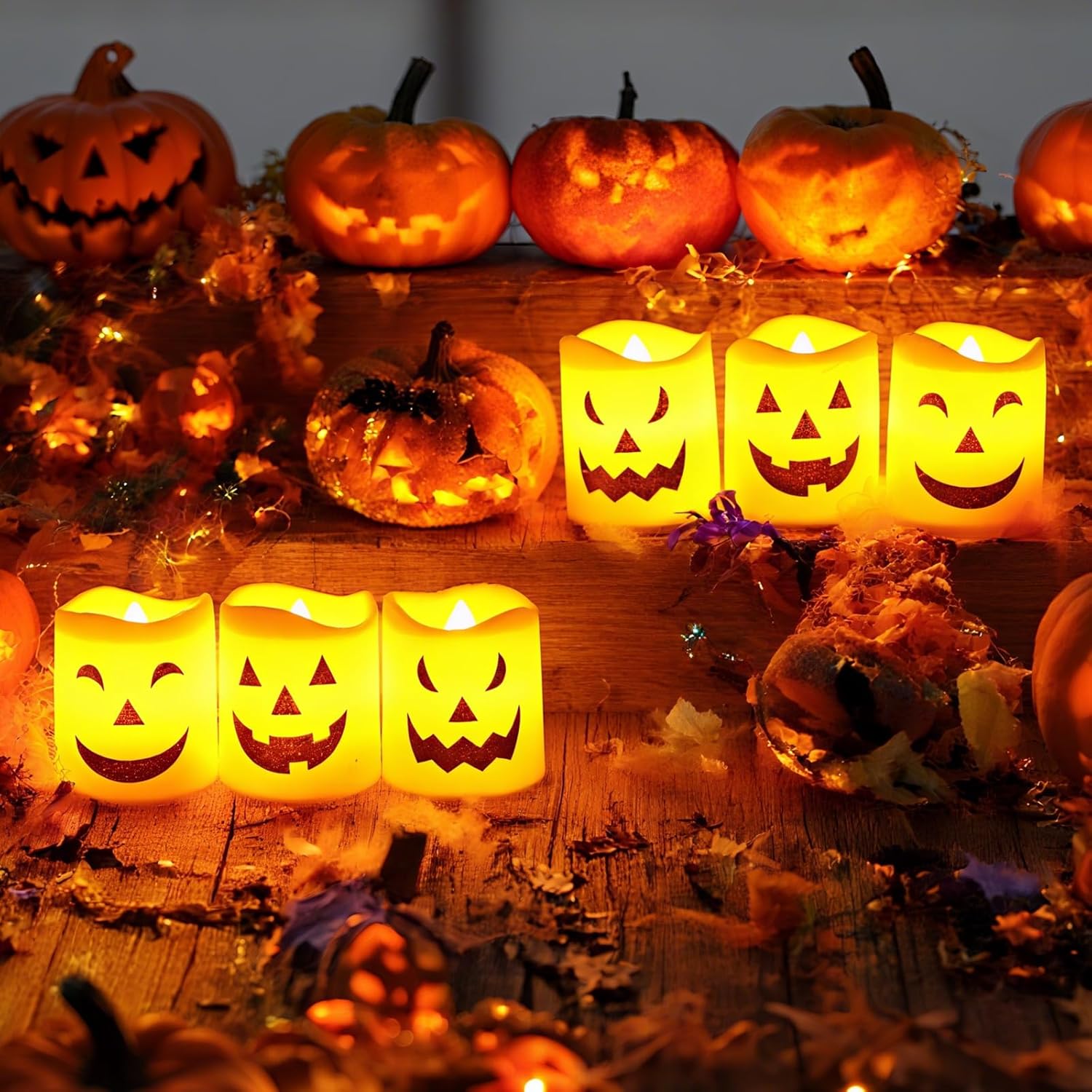 Lot de 6 Bougies LED Halloween – Bougies Citrouille Sans Flamme avec 3 Visages Différents, Fonctionnement à Piles, Décoration de Table pour Maison - 6