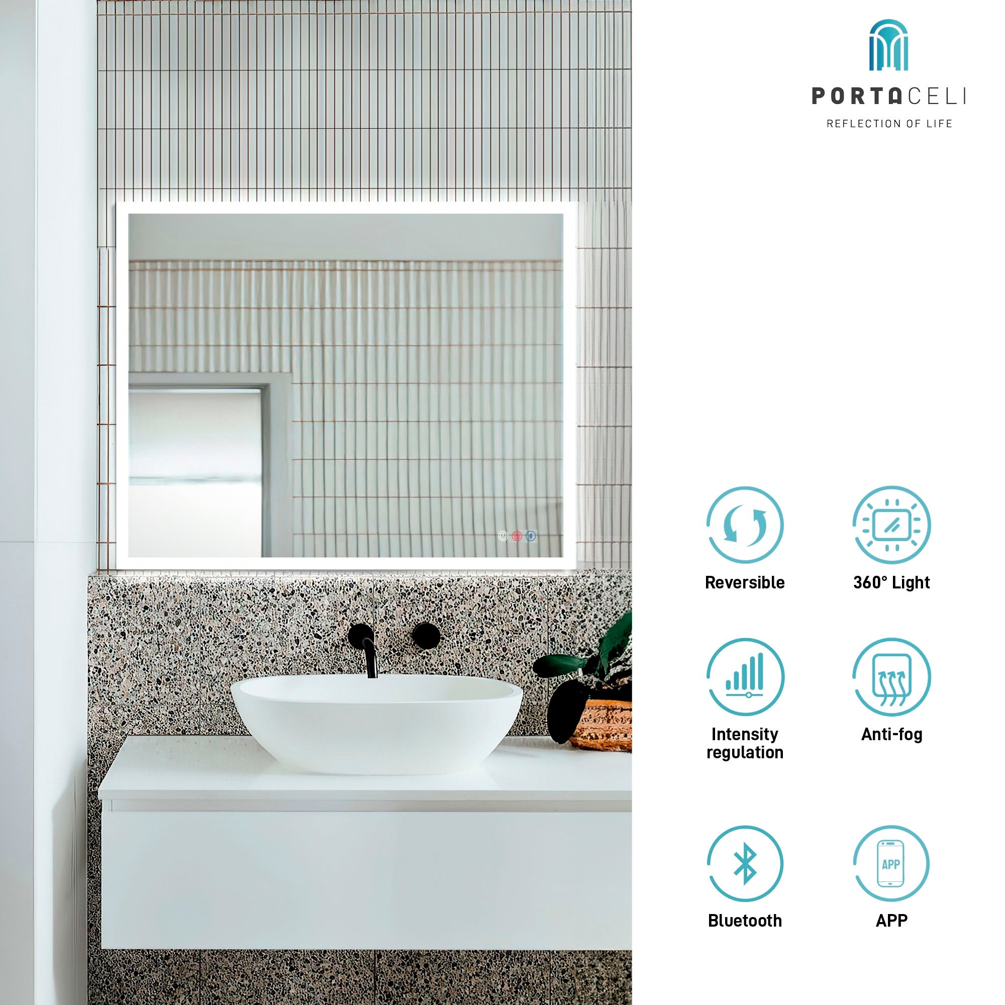 Specchio da bagno Cosmos reversibile 120x70 APP, Antiappannamento e Bluetooth - 2