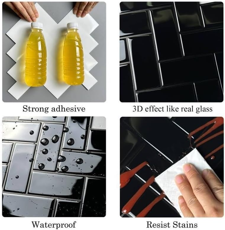Revestimiento de pared antihumedad - 10 paneles adhesivos impermeables - Adhesivo adhesivo de imitación de azulejo cerámico - 305 x 305 mm - 0,93 m² - 4