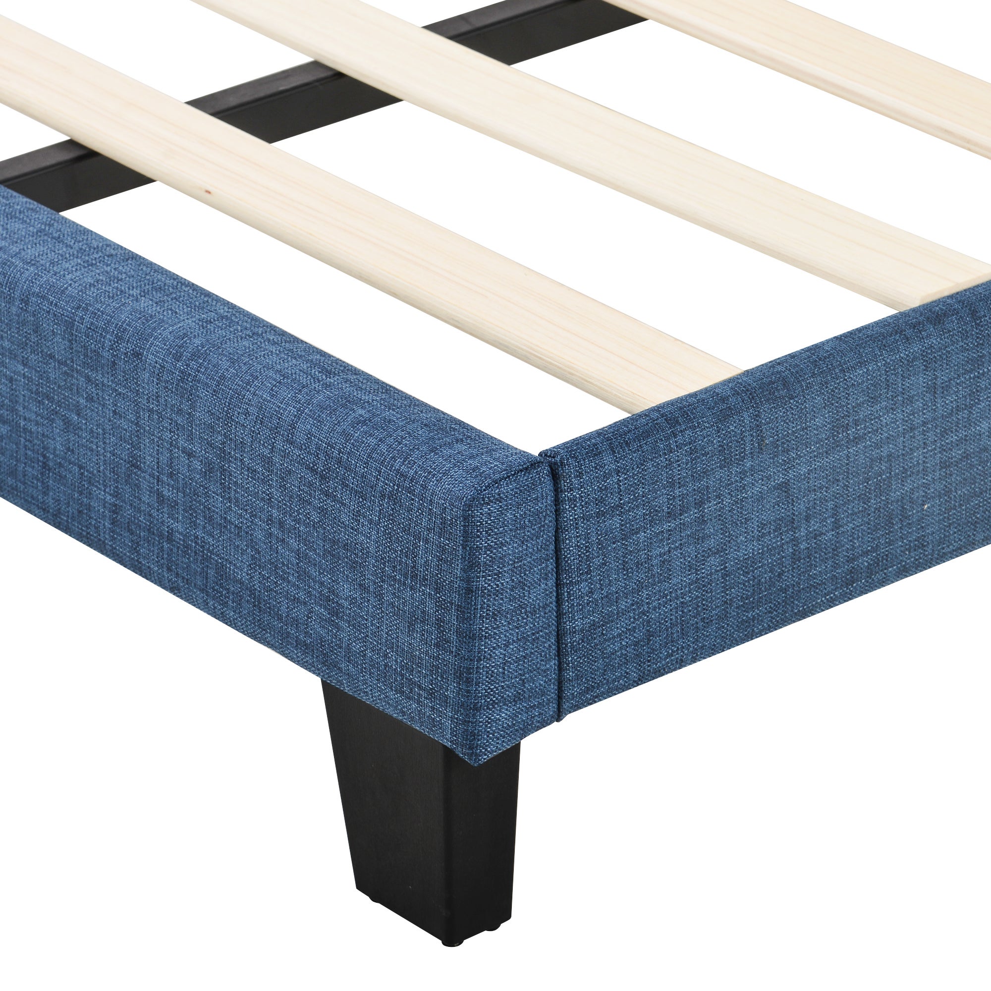 Łóżko tapicerowane z lnu - 140x200cm - z wezgłowiem i stelażem na listwy - Niebieskie - 7