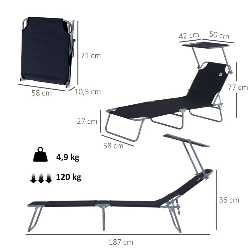 Bain de Soleil Pliable avec Pare-soleil Dossier Réglable 4 Positions Transat Jardin Noir Max 120kg - 5