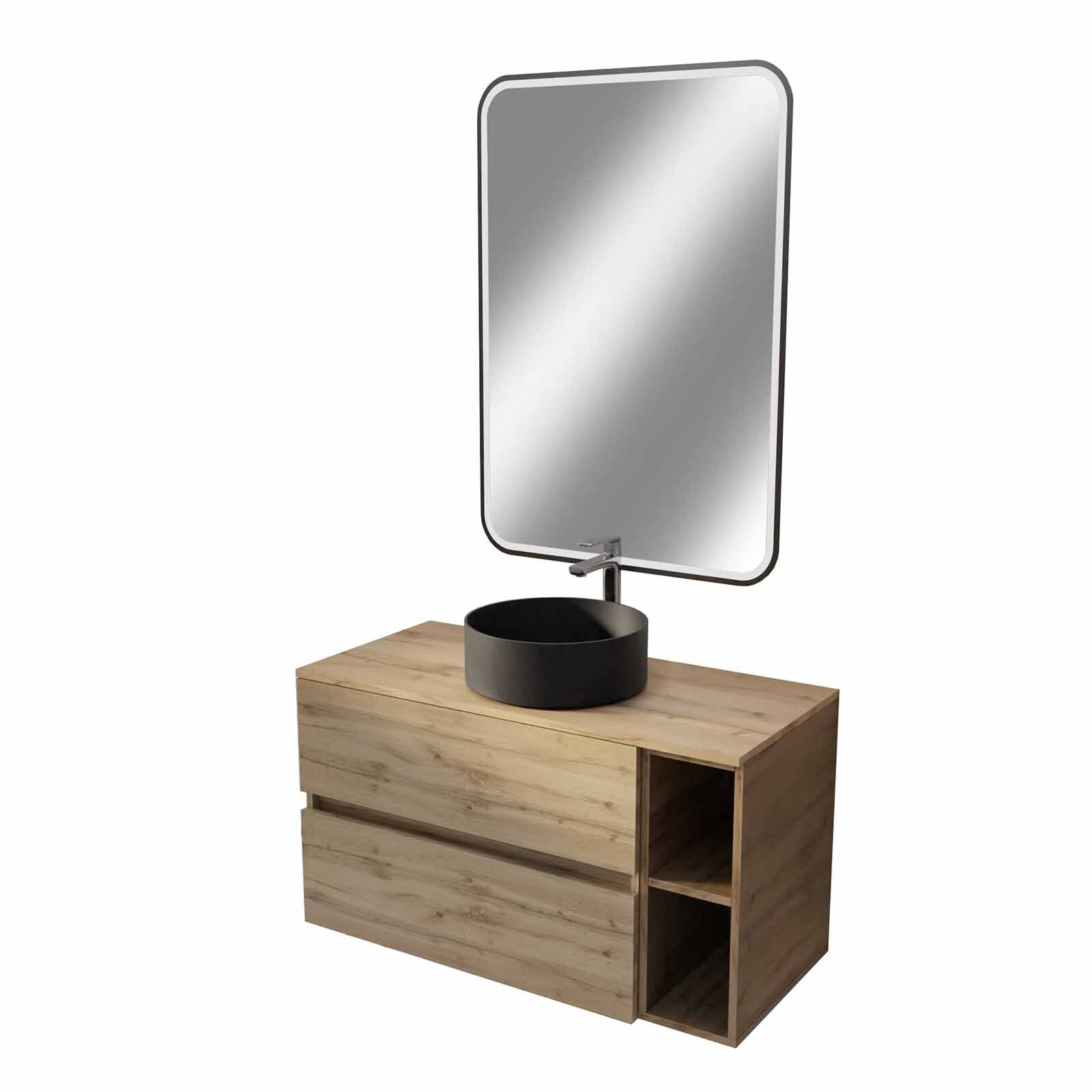 Meuble salle de bains 100 TIMBER Décor Chêne 2 Tiroirs, Vasque Noire, Miroir 60x80 LED bord Noir - 3