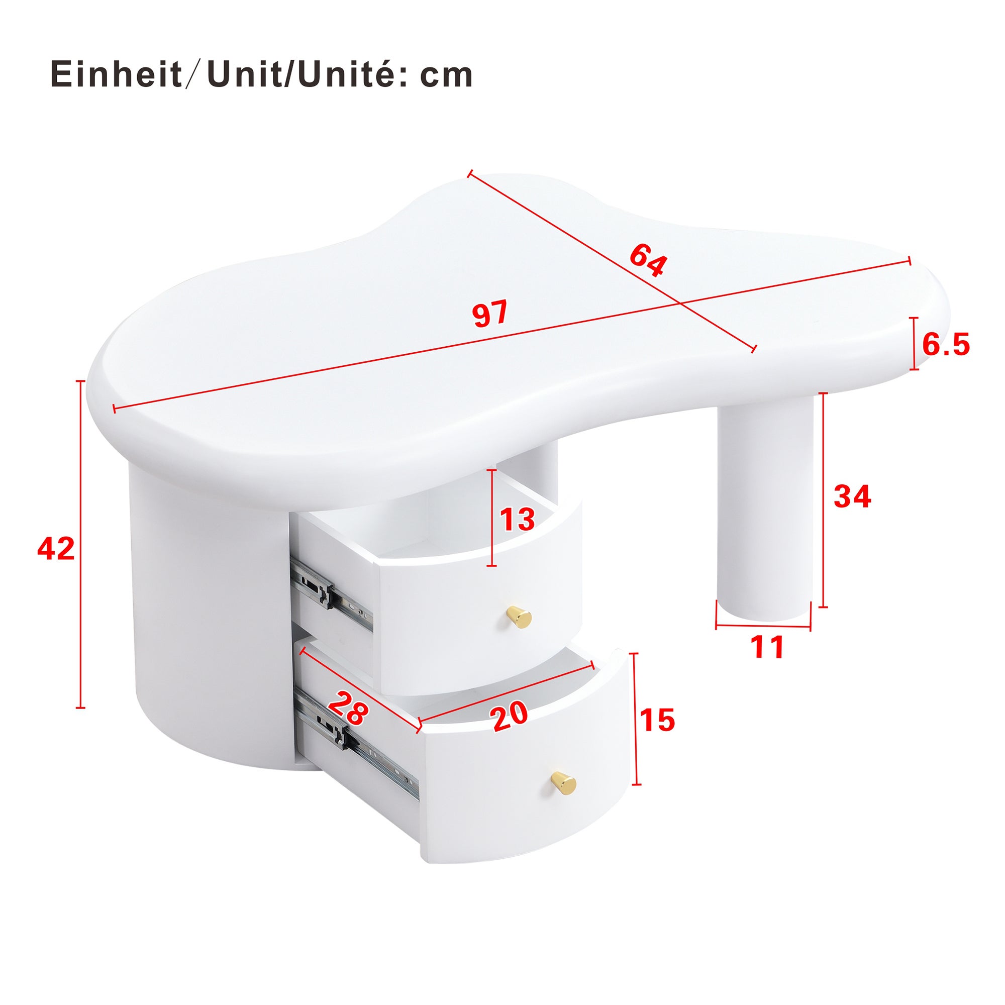 Table basse blanche moderne de forme irrégulière, 2 tiroirs, élégante, stable, pour le salon et usage polyvalent - 6
