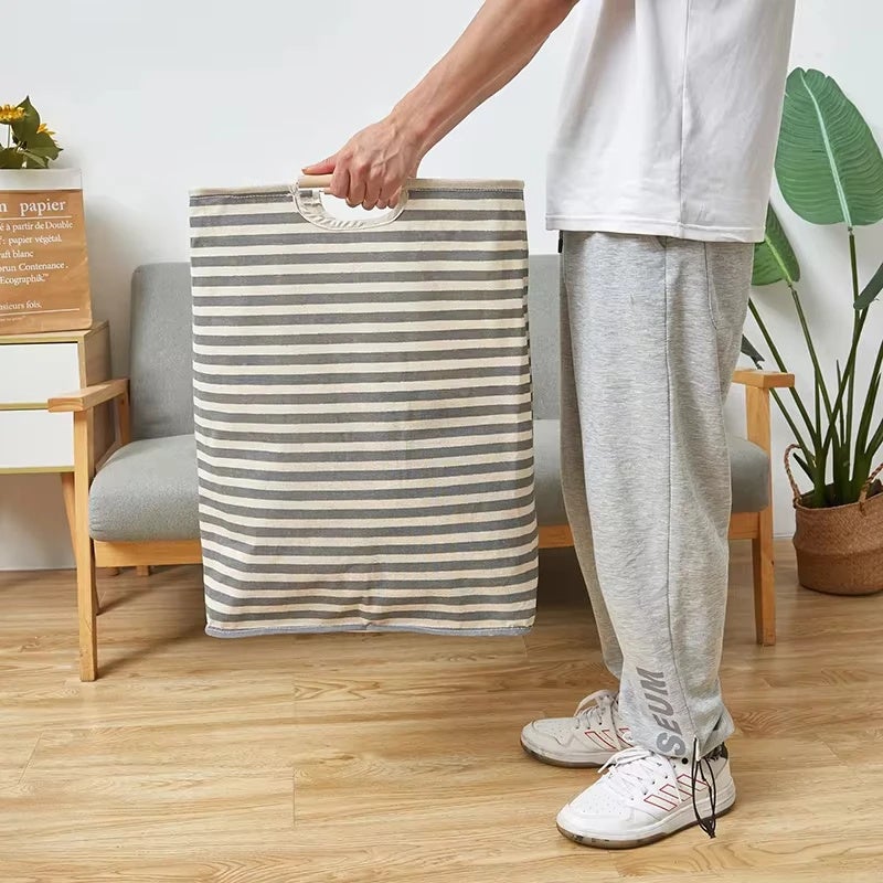 Panier à linge en coton et lin, panier à linge sale, sac de rangement pliable à rayures horizontales, 40 x 27 x 56 cm - 2
