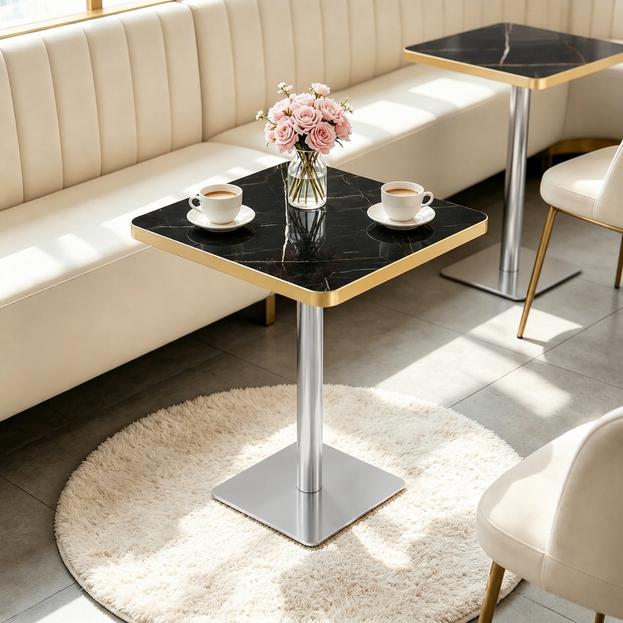Table à manger carrée, plateau effet marbre, piètement design, 60 x 60 ...