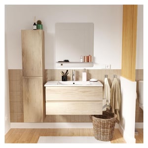 Meuble simple vasque 80cm décor chêne SORRENTO+robinet chromé+miroir+colonne