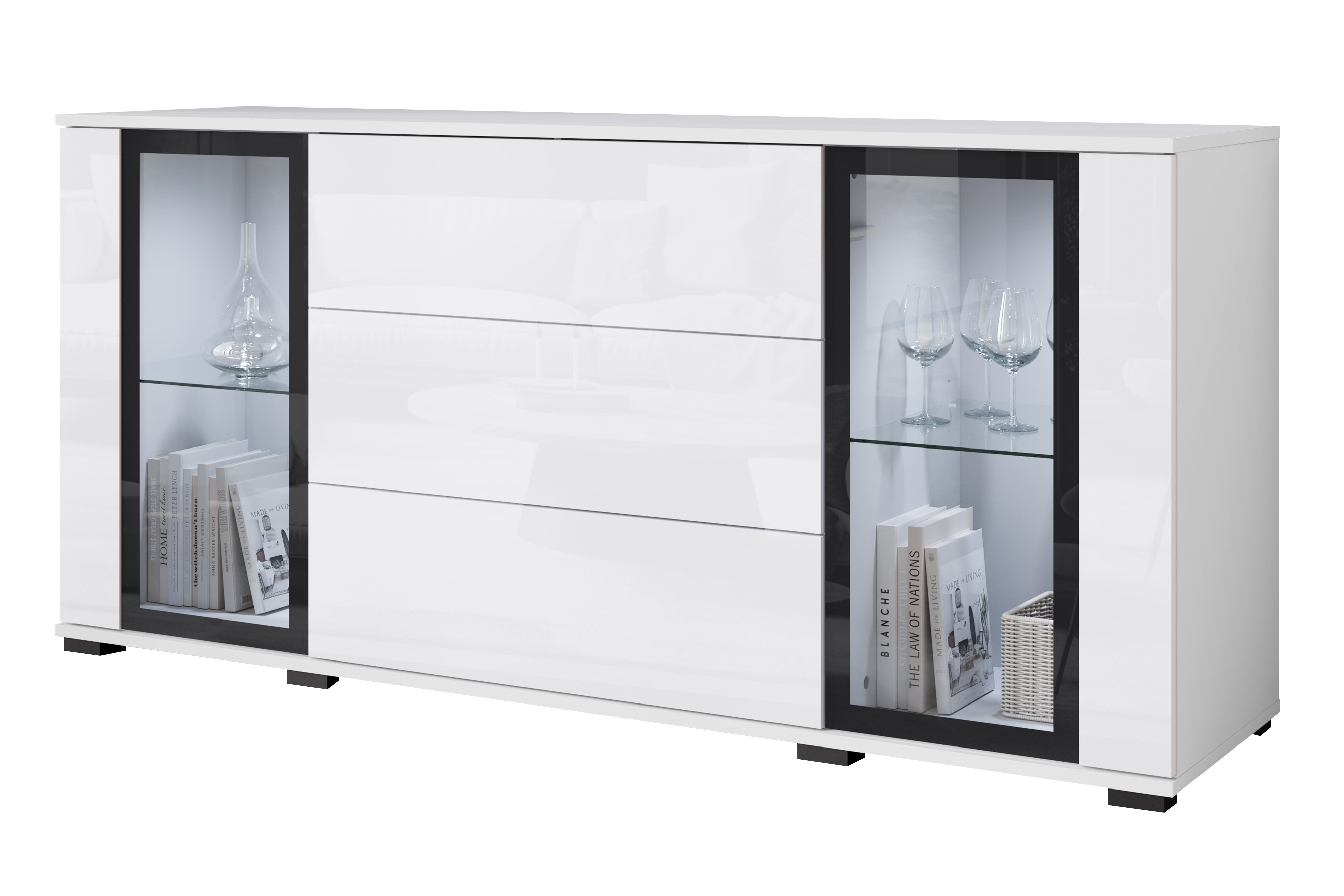 MINIO go for it, Witryna z szufladami FARO 150 cm biały/biały połysk