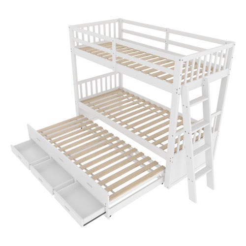 Lit superposé 90x200cm avec sommier à lattes, échelle, lit extensible et 3 tiroirs, en pin, blanc, sans matelas - 8