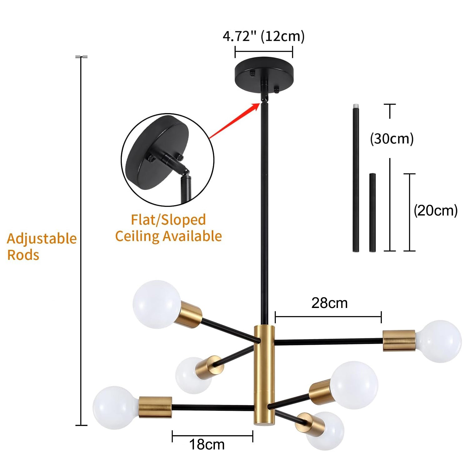 Żyrandol Sputnik, lampa sufitowa z 6 punktami świetlnymi, lampa wisząca w stylu industrialnym, żyrandol, 3 temperatury barwowe (z żarówkami) - 4