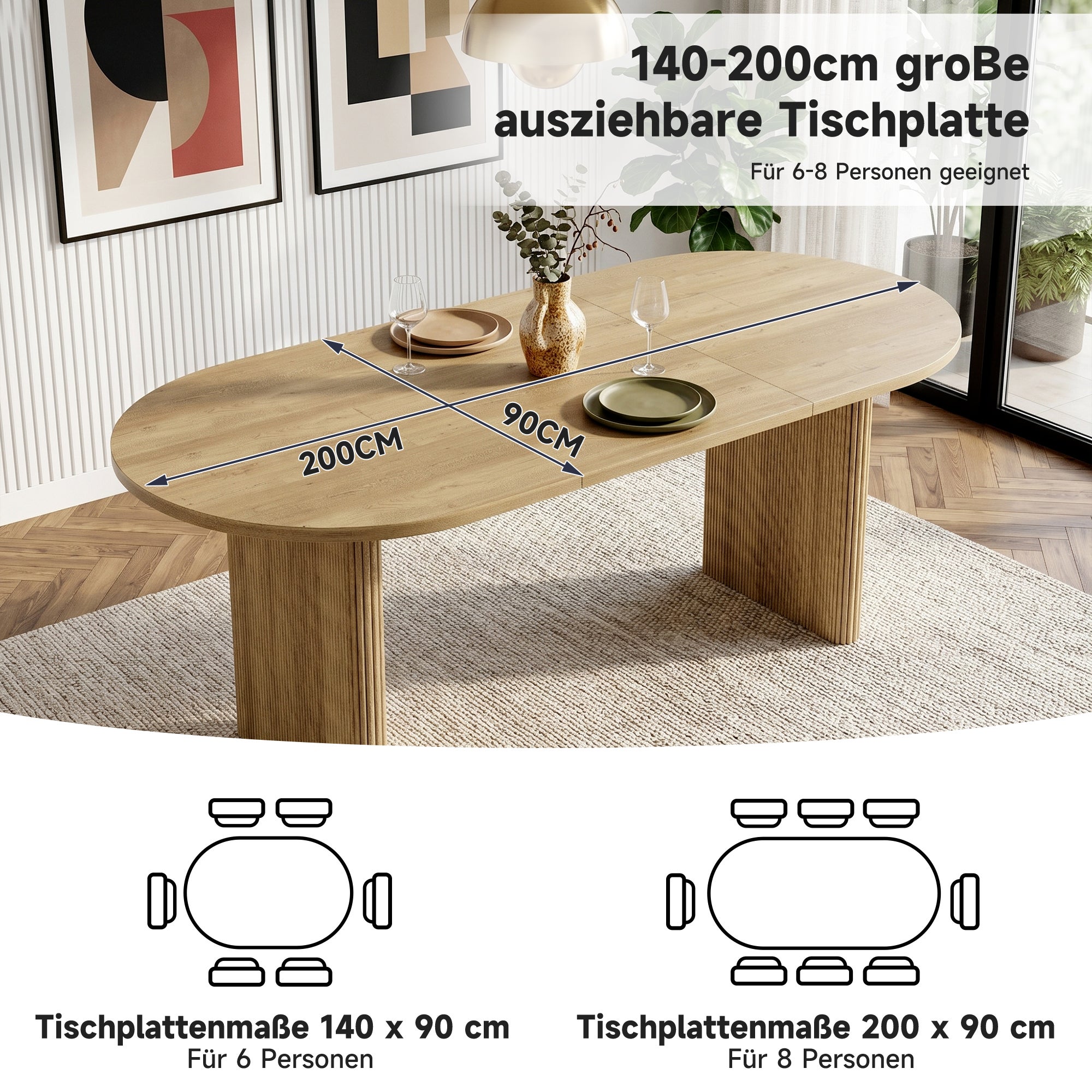 Rozkładany owalny stół jadalny na 6-8 osób - 140/200 x 90 x 75 cm - płyta MDF, blat o grubości 3 cm, nogi z listew synchronicznych - dąb - 7