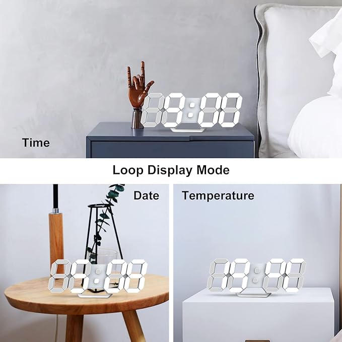 Horloge murale numérique LED 3D Petit réveil Affichage de la température 12/24 heures Mémoire de l'heure Fonction snooze Veilleuse Luminosité réglable - 4
