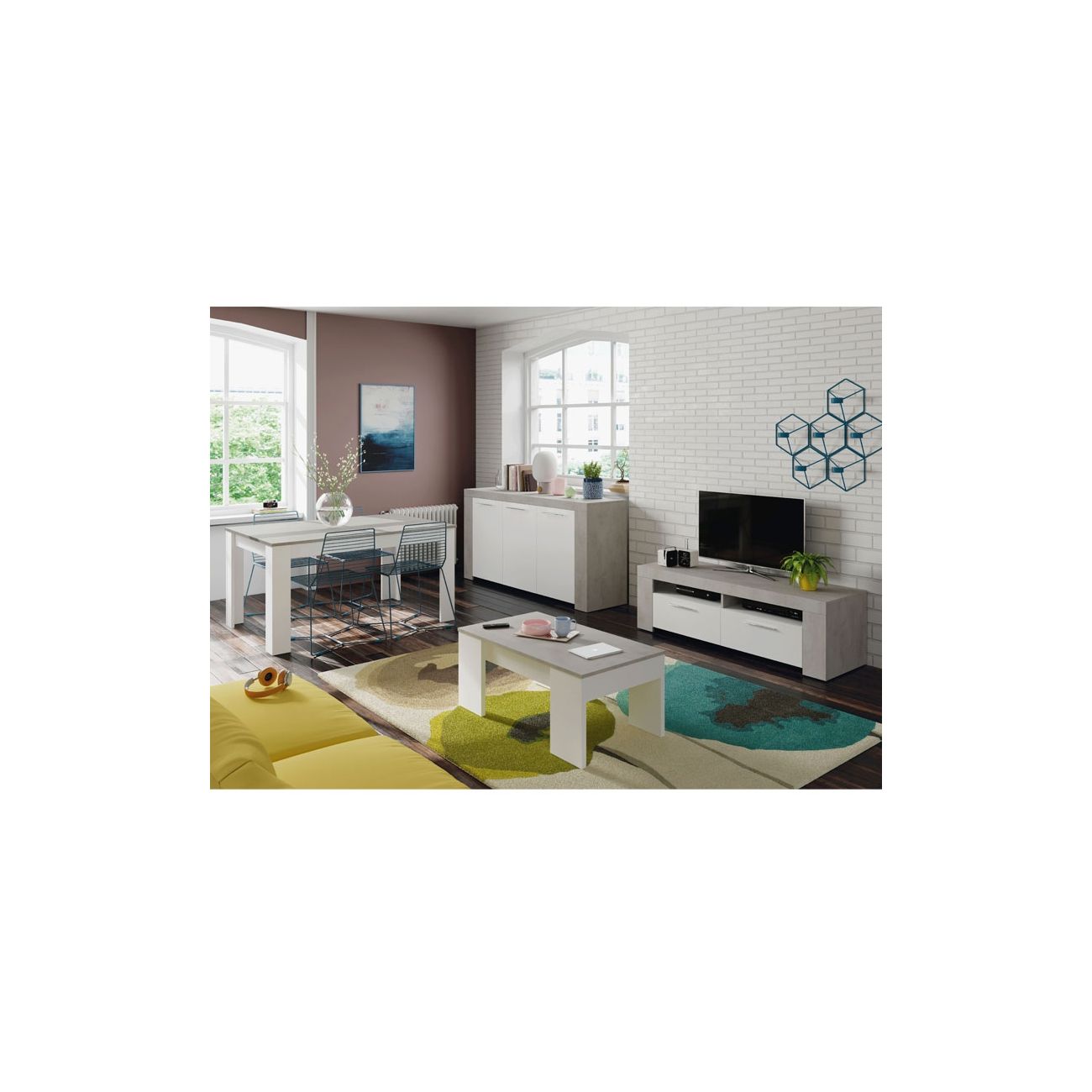 Table basse GOTHAM avec plateau relevable et rangement - Blanc / Béton - 6