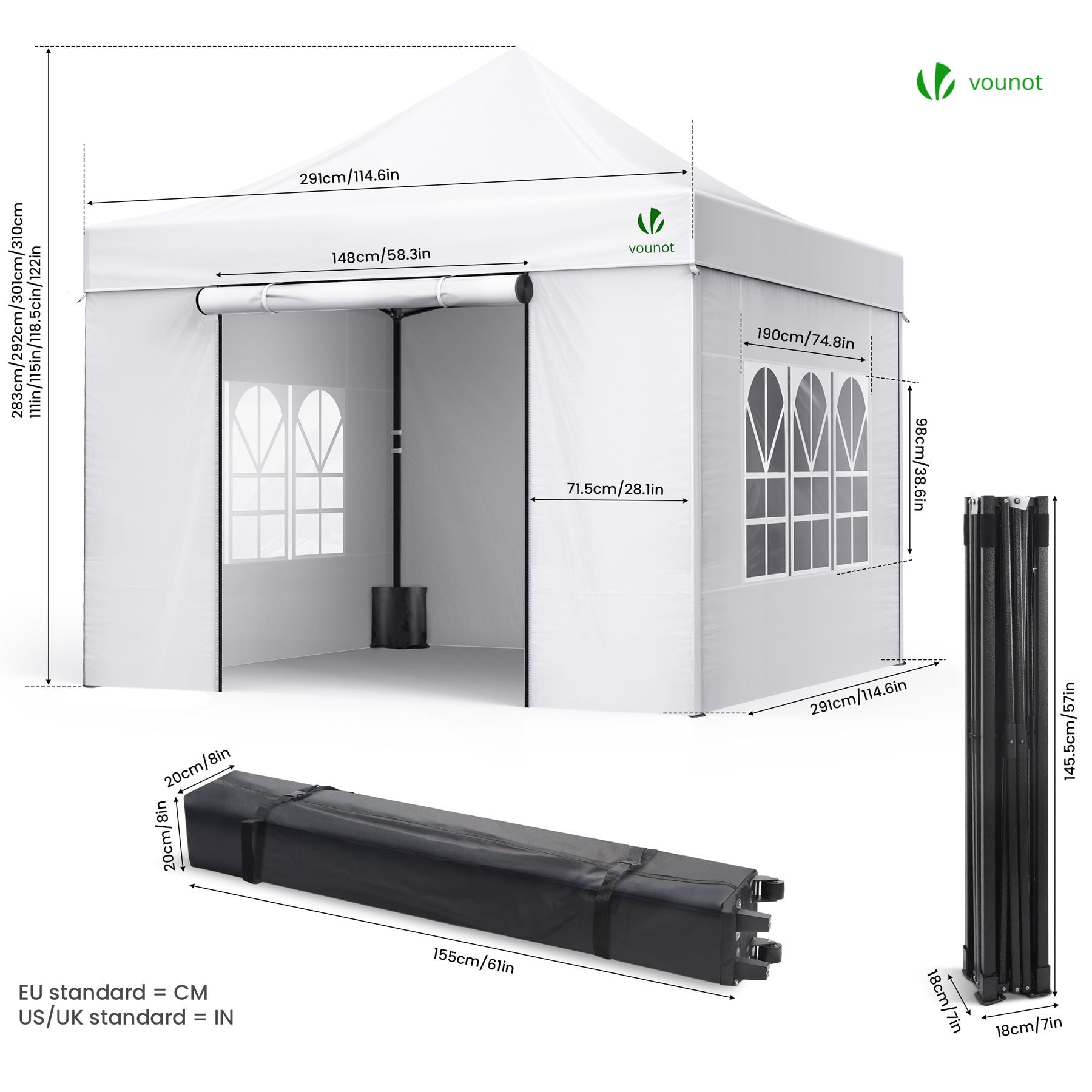 Tonnelle de jardin renforcée 3x3m pliable avec 4 parois et sac de transport à roulette - Imperméable et anti-UV - Blanc - VOUNOT® - 7