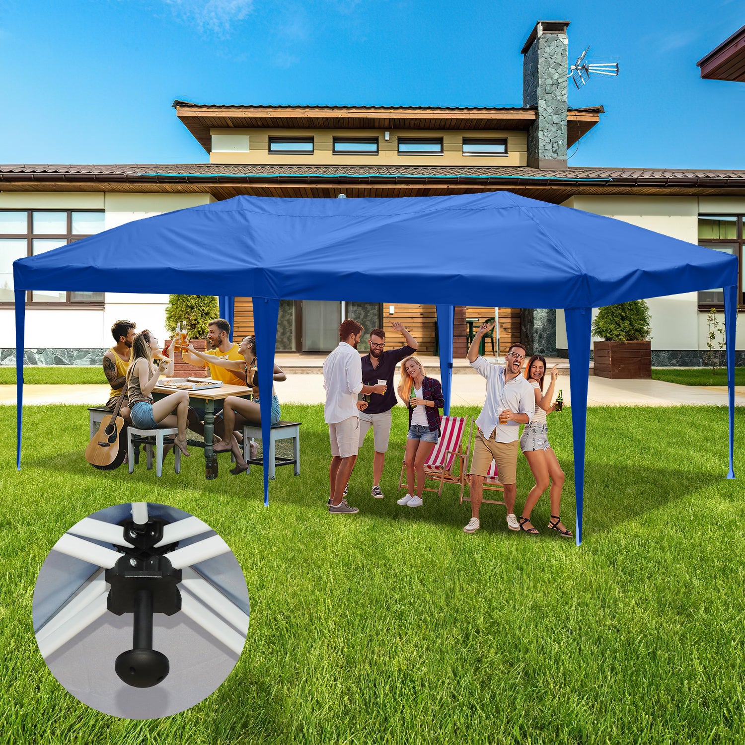 Costway – Tonnelle de jardin 3 x 6 m étanche – Tente de réception en acier PE résistant – 6 cordes coupe-vent et 12 piquets – Pour mariages et événements