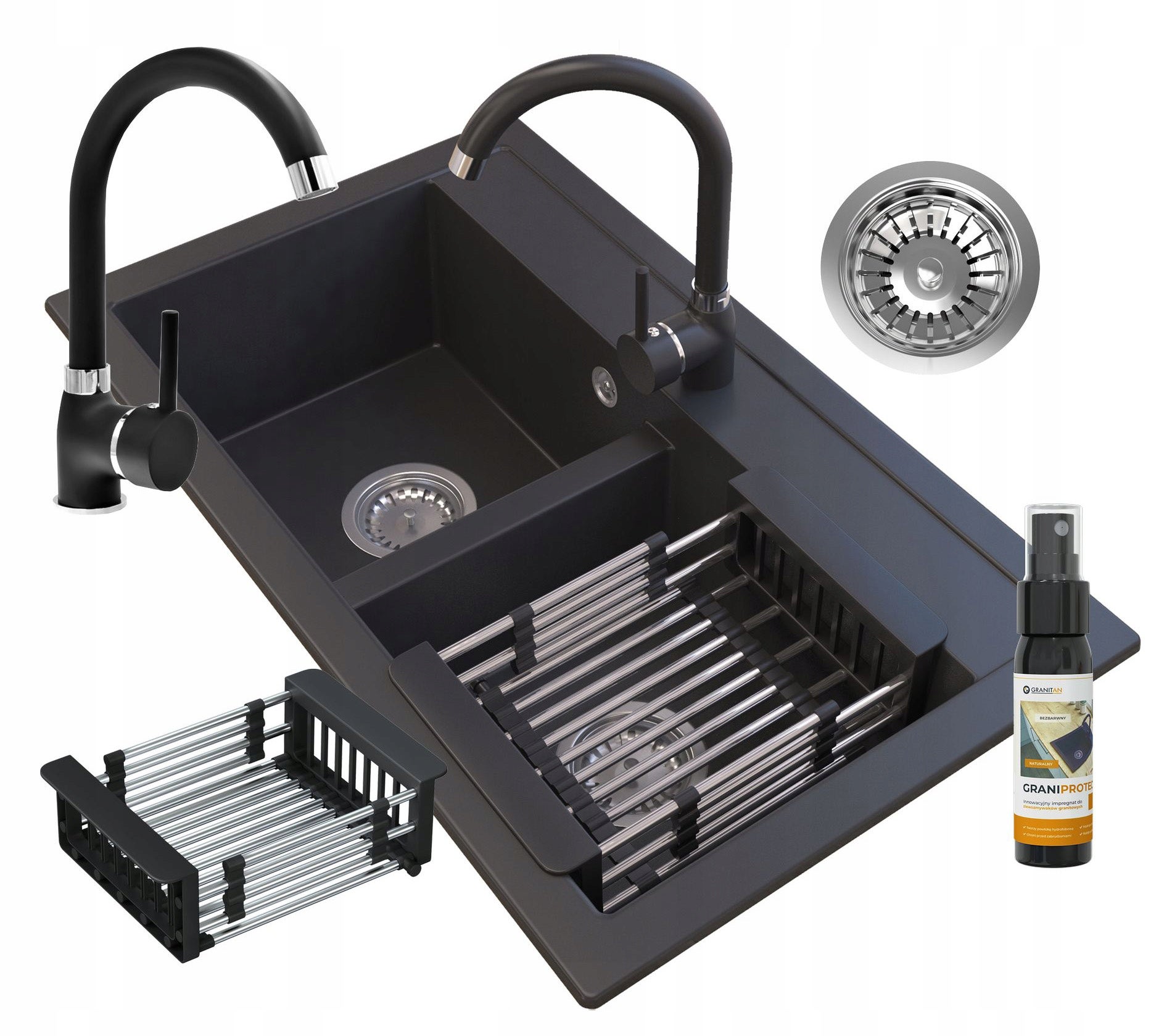 Zlewozmywak Granitowy Granitan Duet Dwukomorowy z ociekaczem Baterią i Syfonem 1kpl.