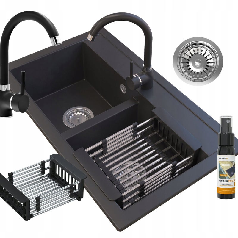 Zlewozmywak Granitowy Granitan Duet Dwukomorowy z ociekaczem Baterią i Syfonem 1kpl.