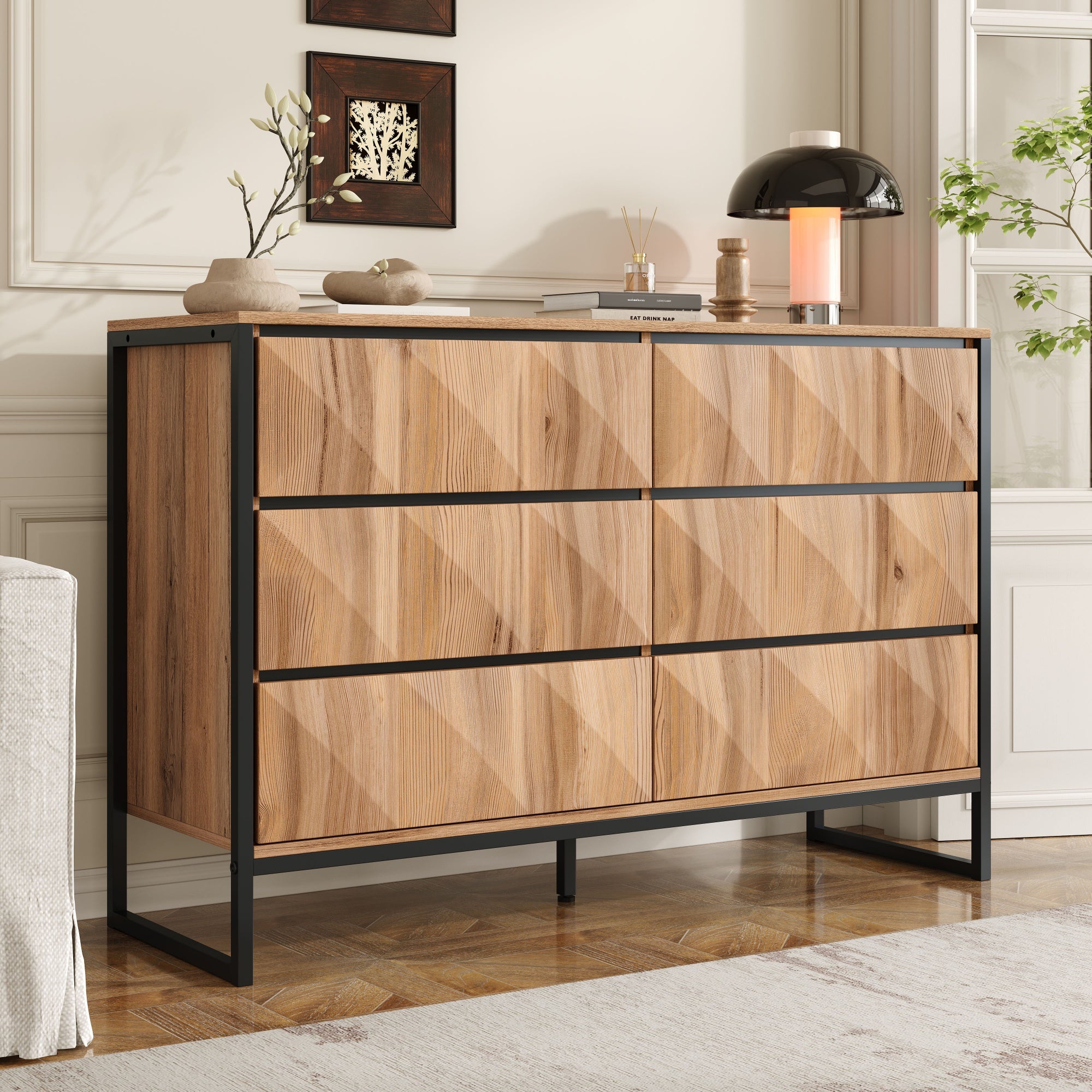 Kredens 120 x 40 x 80 cm - z 6 szufladami - metalowe nogi - MDF + Płyta wiórowa - Naturalny + Czarny